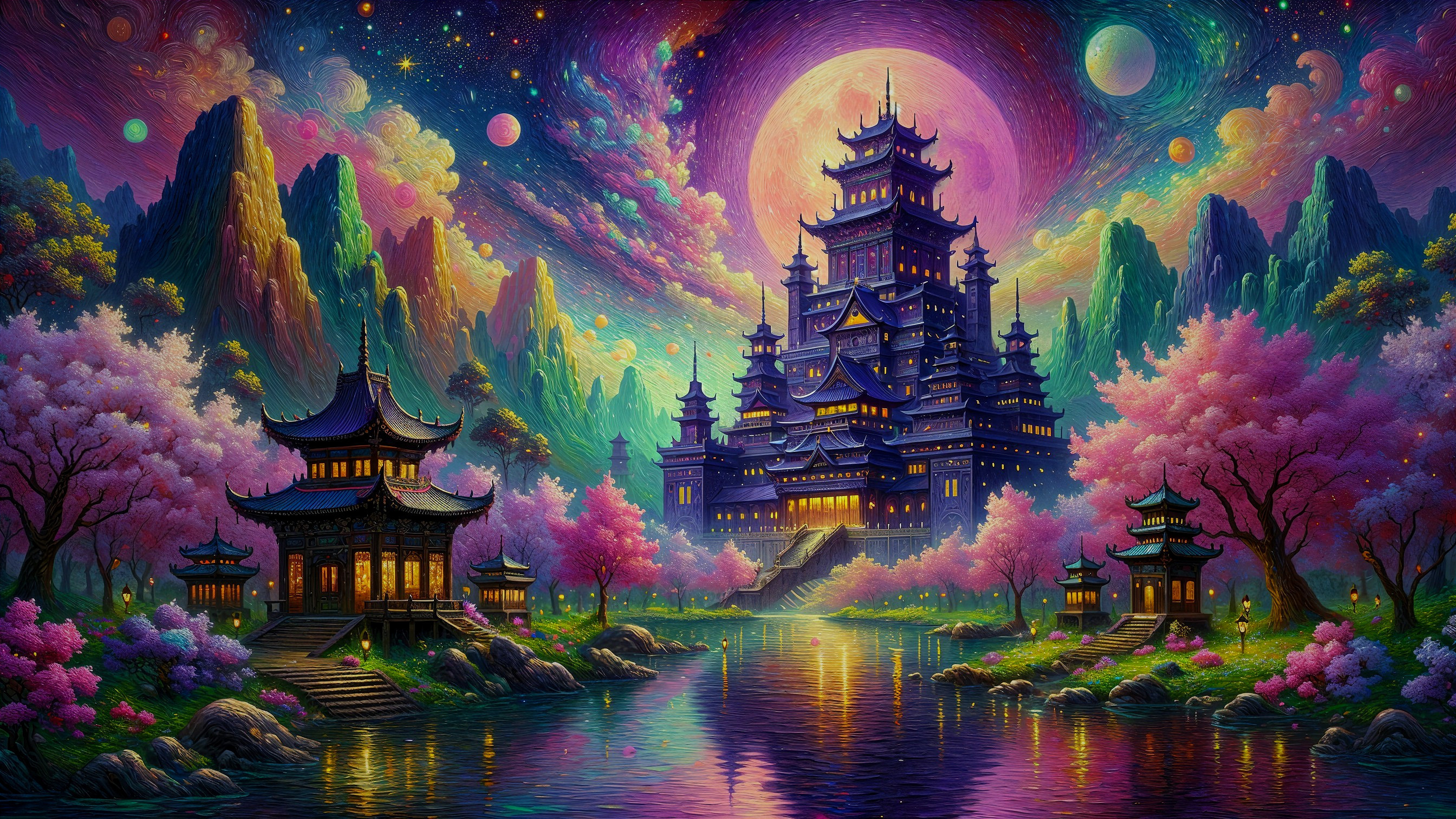 Majestic castle in a vibrant night landscape scene
