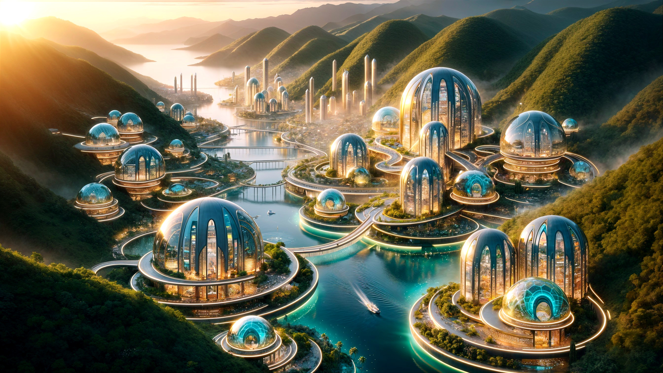Futuristic cityscape amid green mountains and waterways