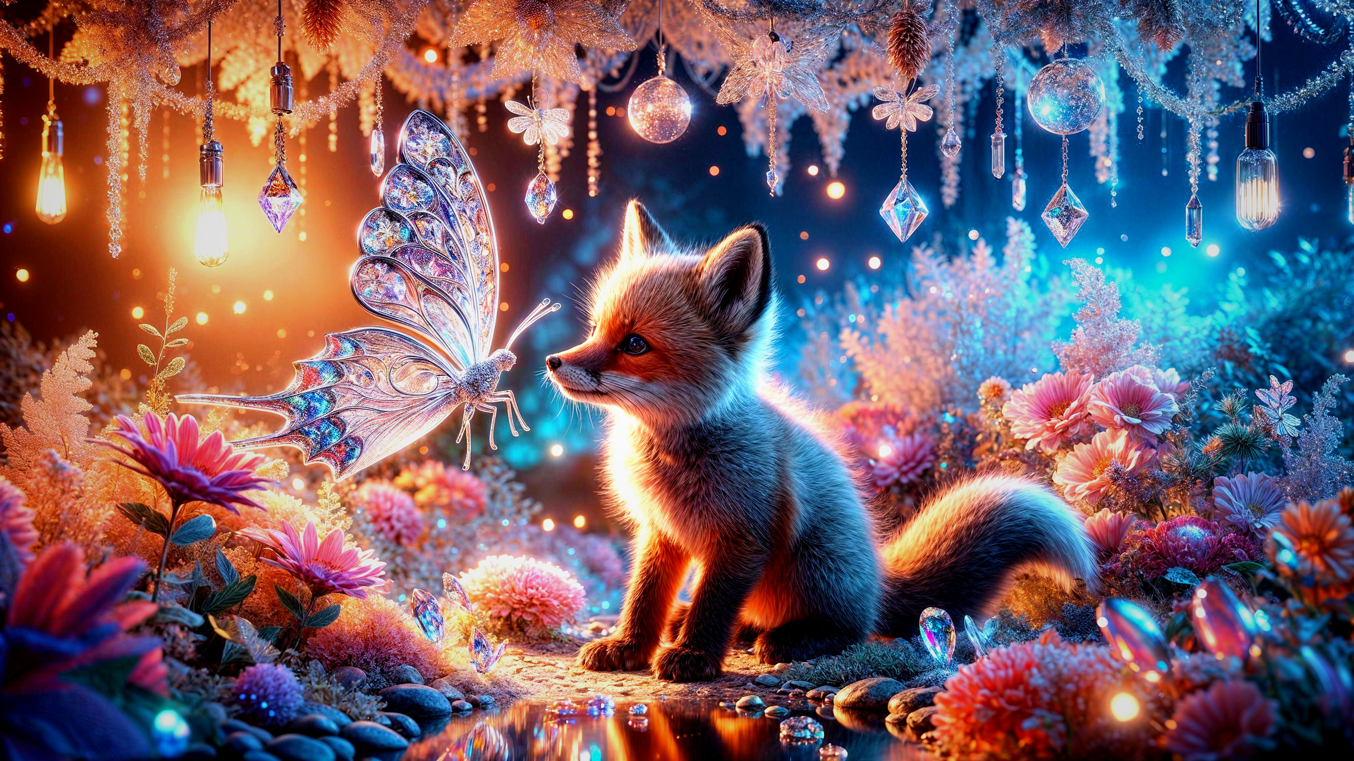 Curious fox and shimmering butterfly in enchanted glade