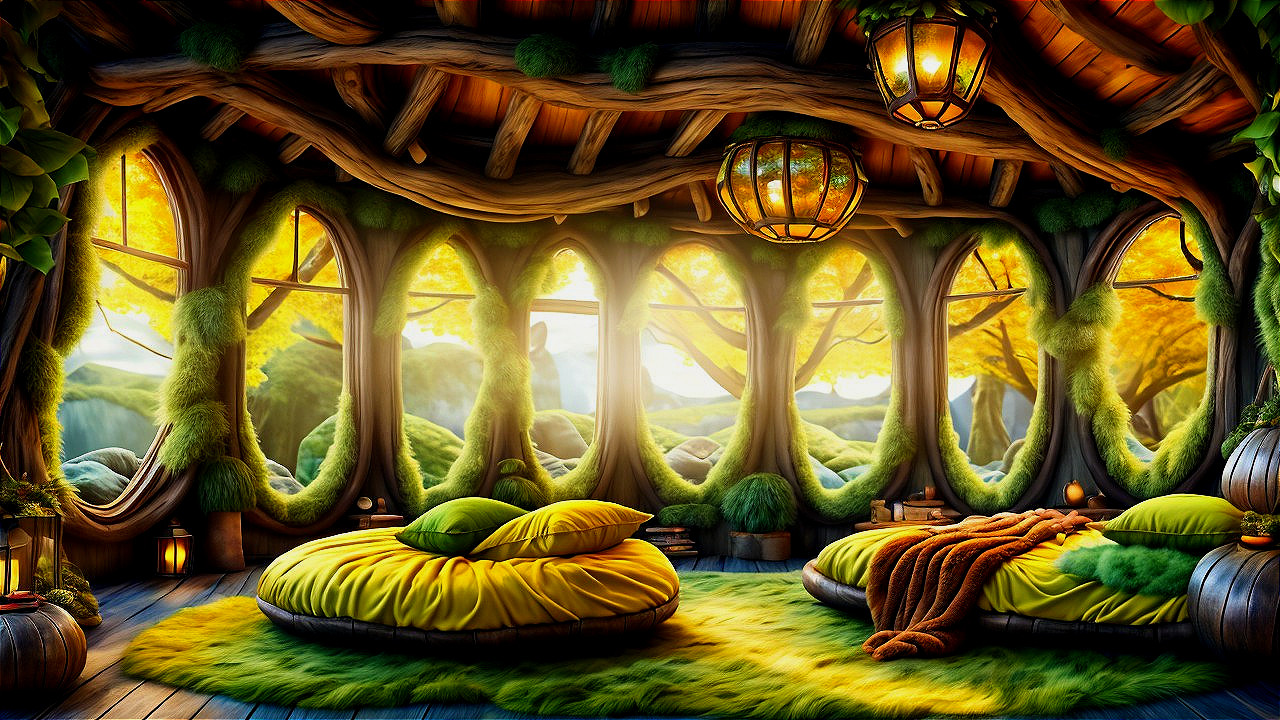 Cozy Whimsical Room with Plush Green Beds and Forest View