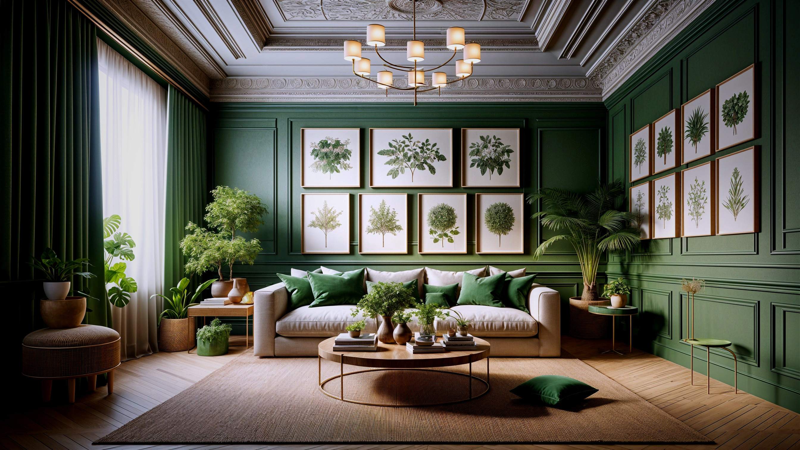 Stylish Living Room with Green Walls and Botanical Art
