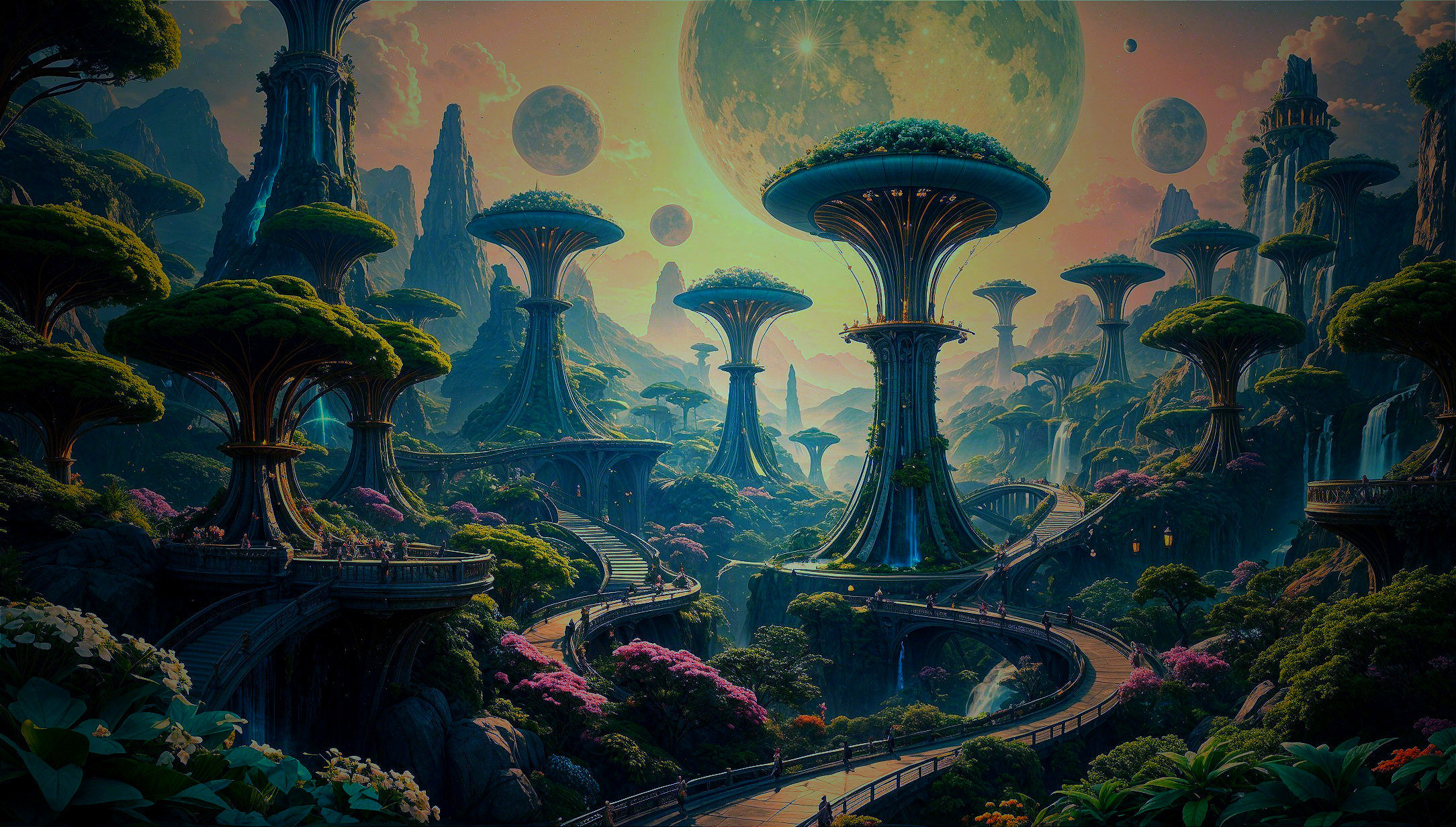 Surreal Landscape with Fantastical Trees and Moons