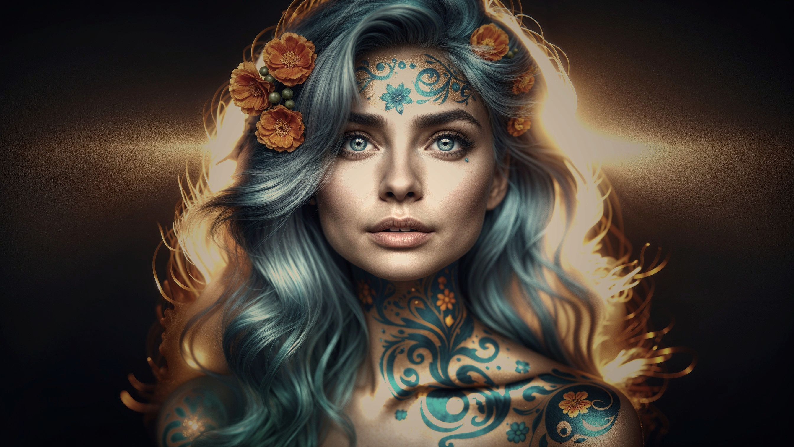 Woman with Blue Hair and Floral Tattoos in Soft Light