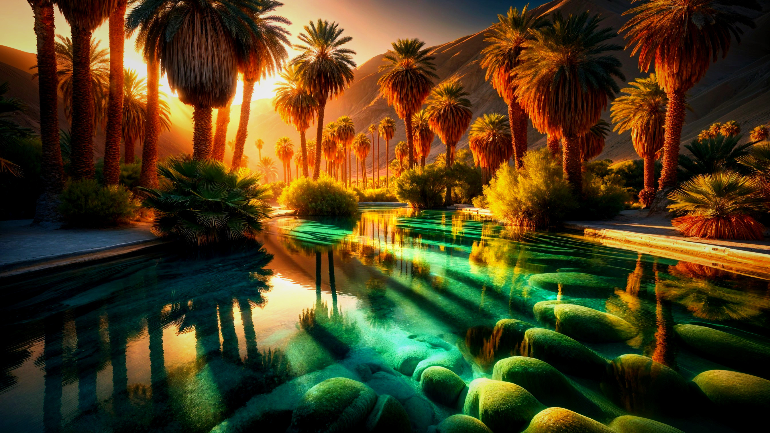 Serene Oasis at Sunset with Palm Trees and River