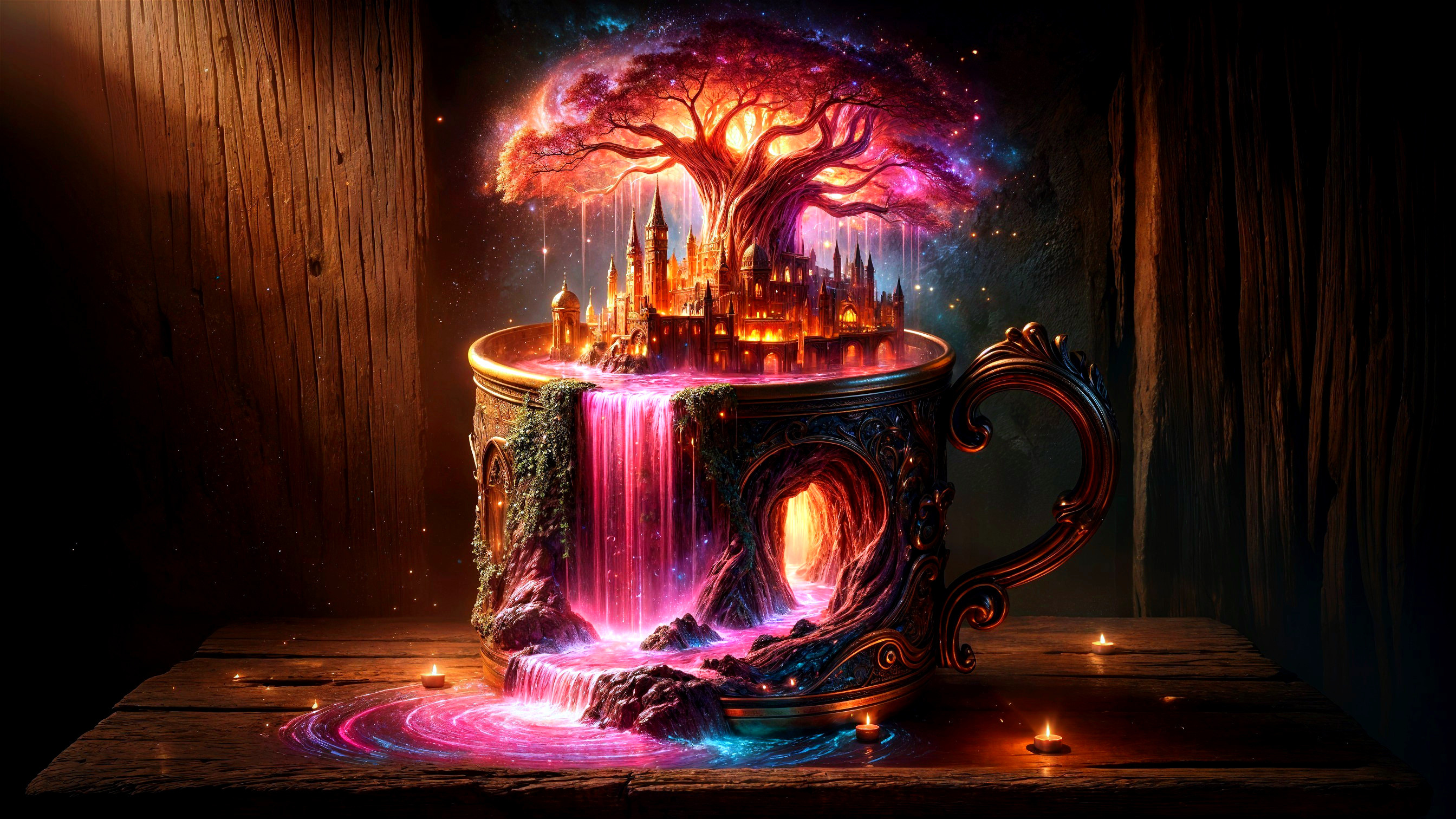 Ornate Cup with Cosmic Tree and Dreamlike Cityscape