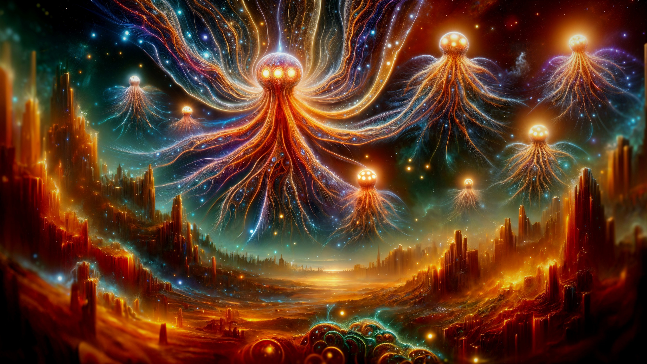 Surreal Cosmic Landscape with Ethereal Jellyfish Entities