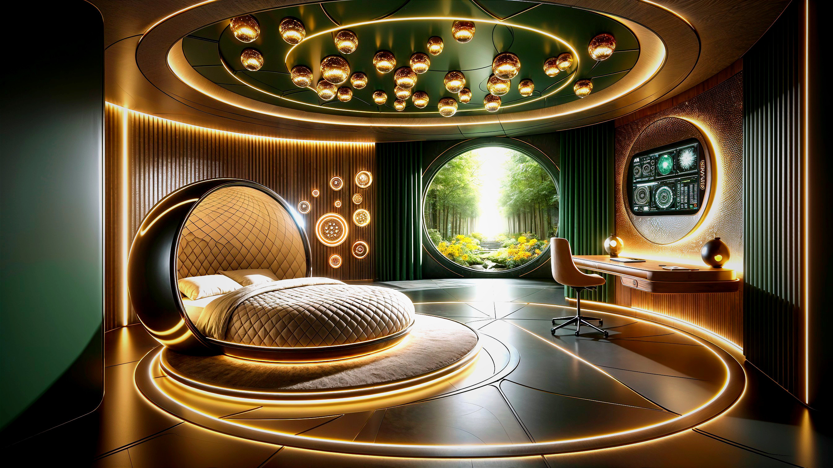 Futuristic Bedroom with Plush Bed and Golden Accents