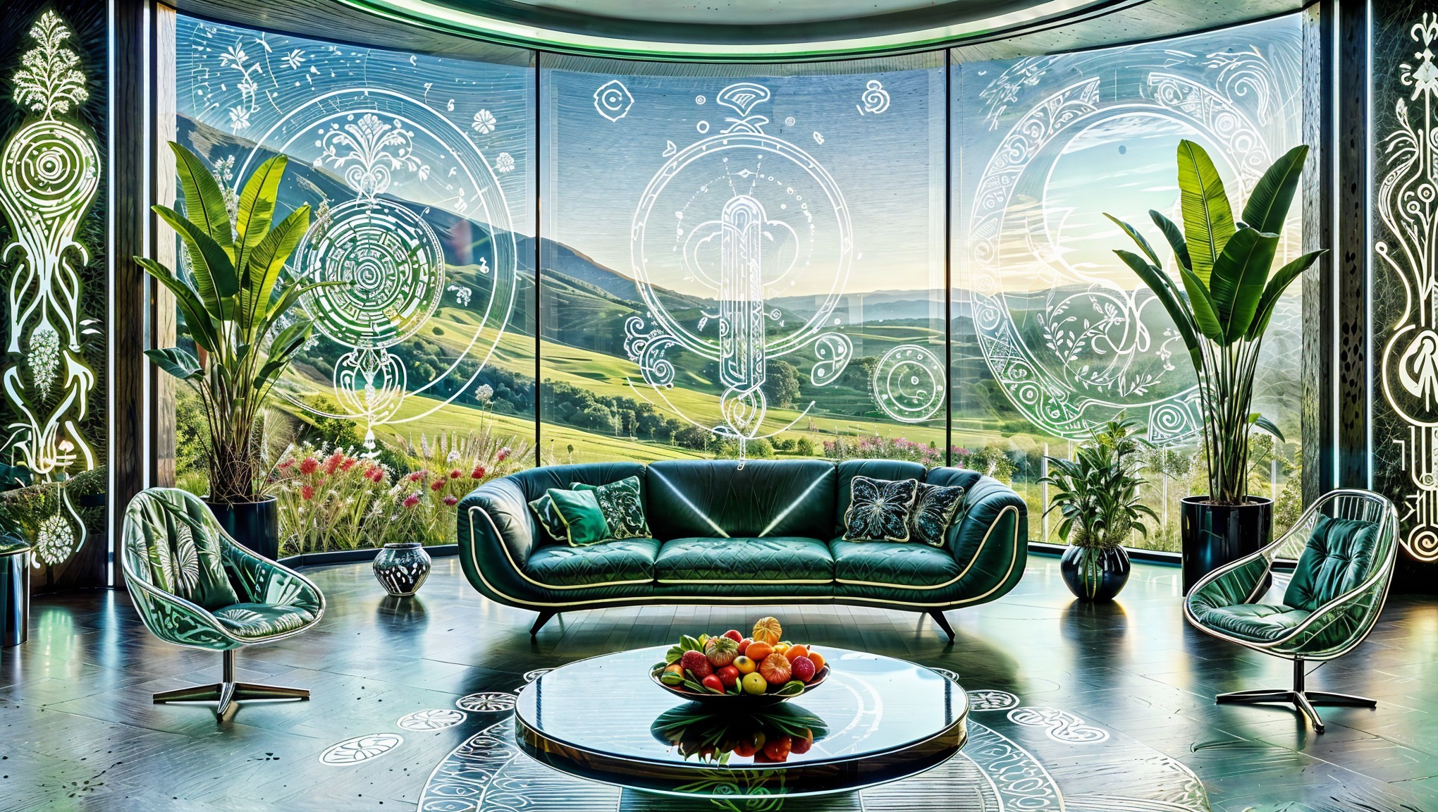 Modern Lounge with Emerald Sofa and Panoramic Views