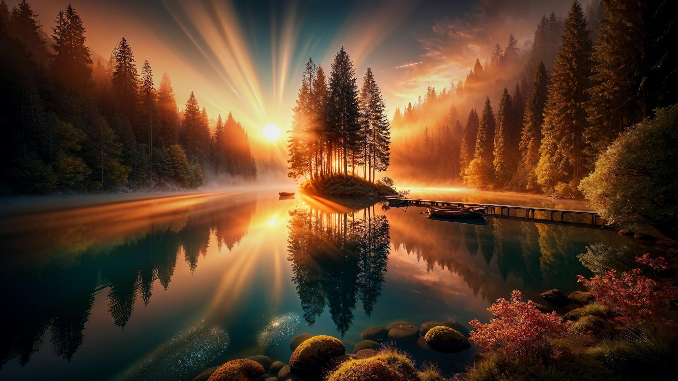 Serene Lake Landscape with Evergreen Trees and Sunrise