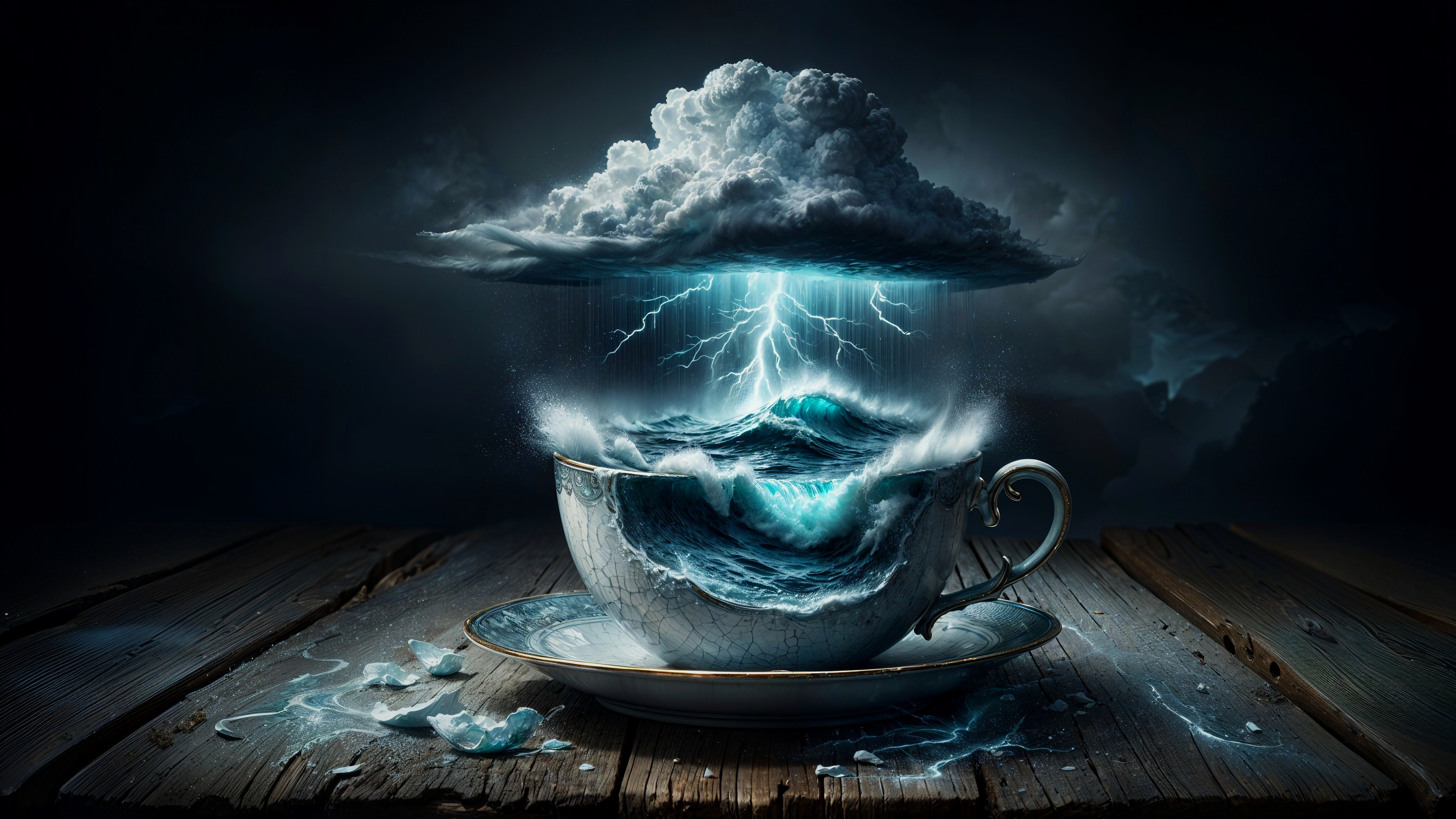 Surreal Porcelain Cup with Turbulent Ocean Waves