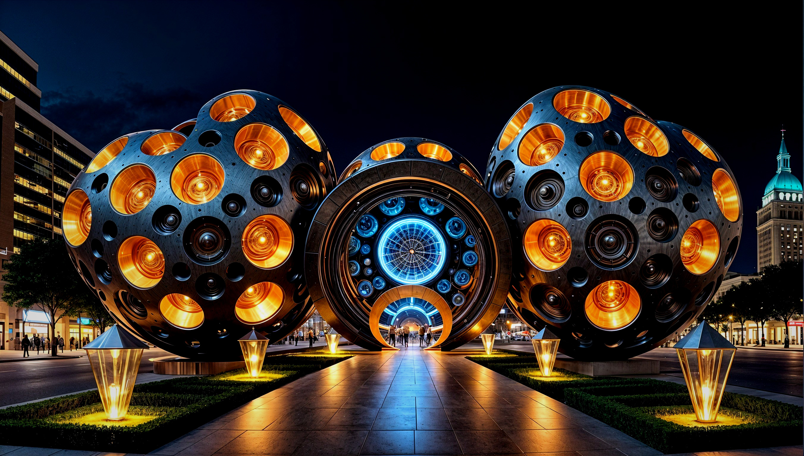 Modern Nighttime Installation with Spherical Structures