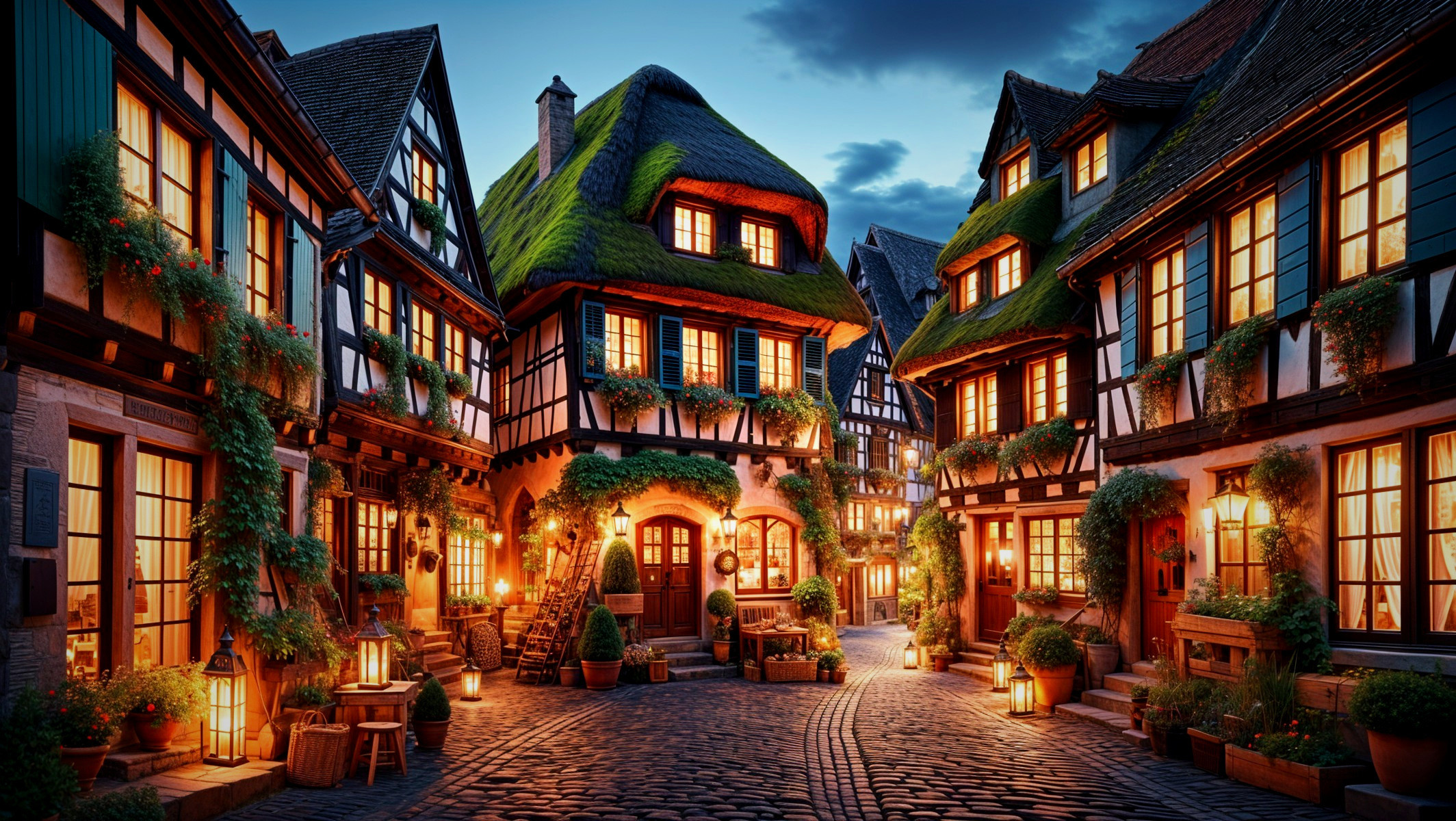 Charming Cobblestone Street with Half-Timbered Houses