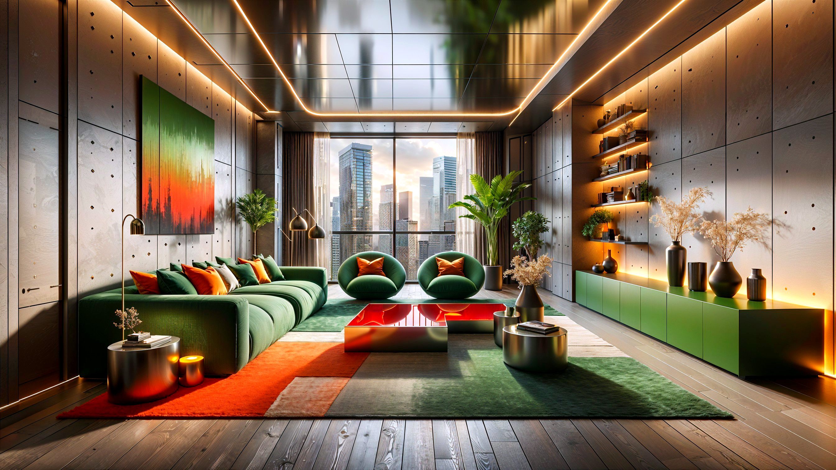 Modern living room with green and orange color scheme