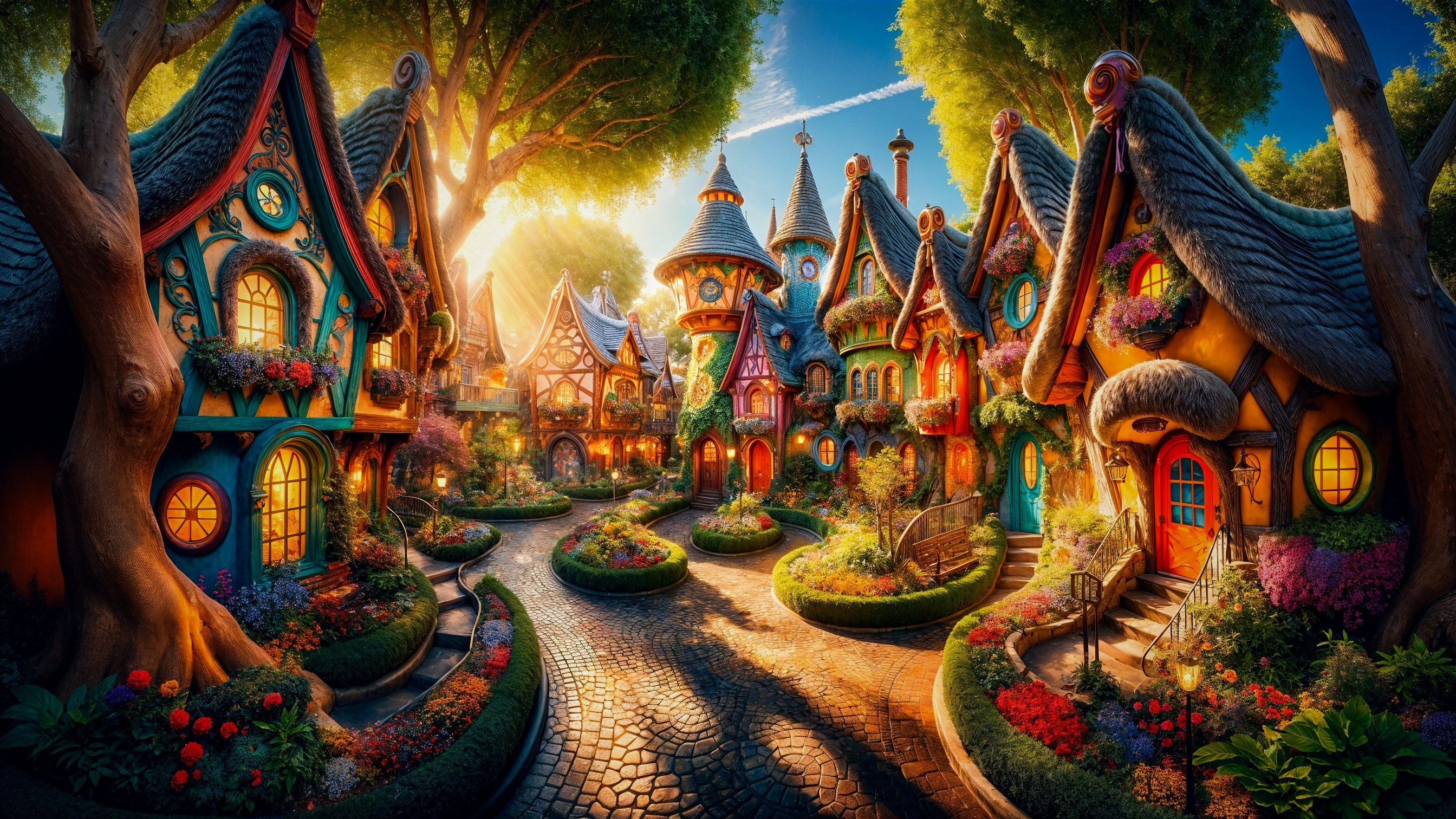 Fantasy Village with Colorful Houses and Gardens
