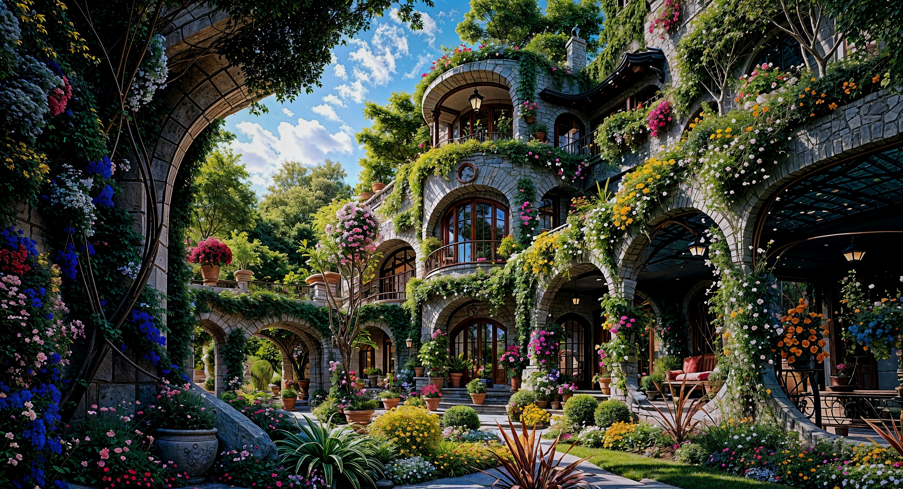 Whimsical Garden Courtyard with Vibrant Flowers and Greenery