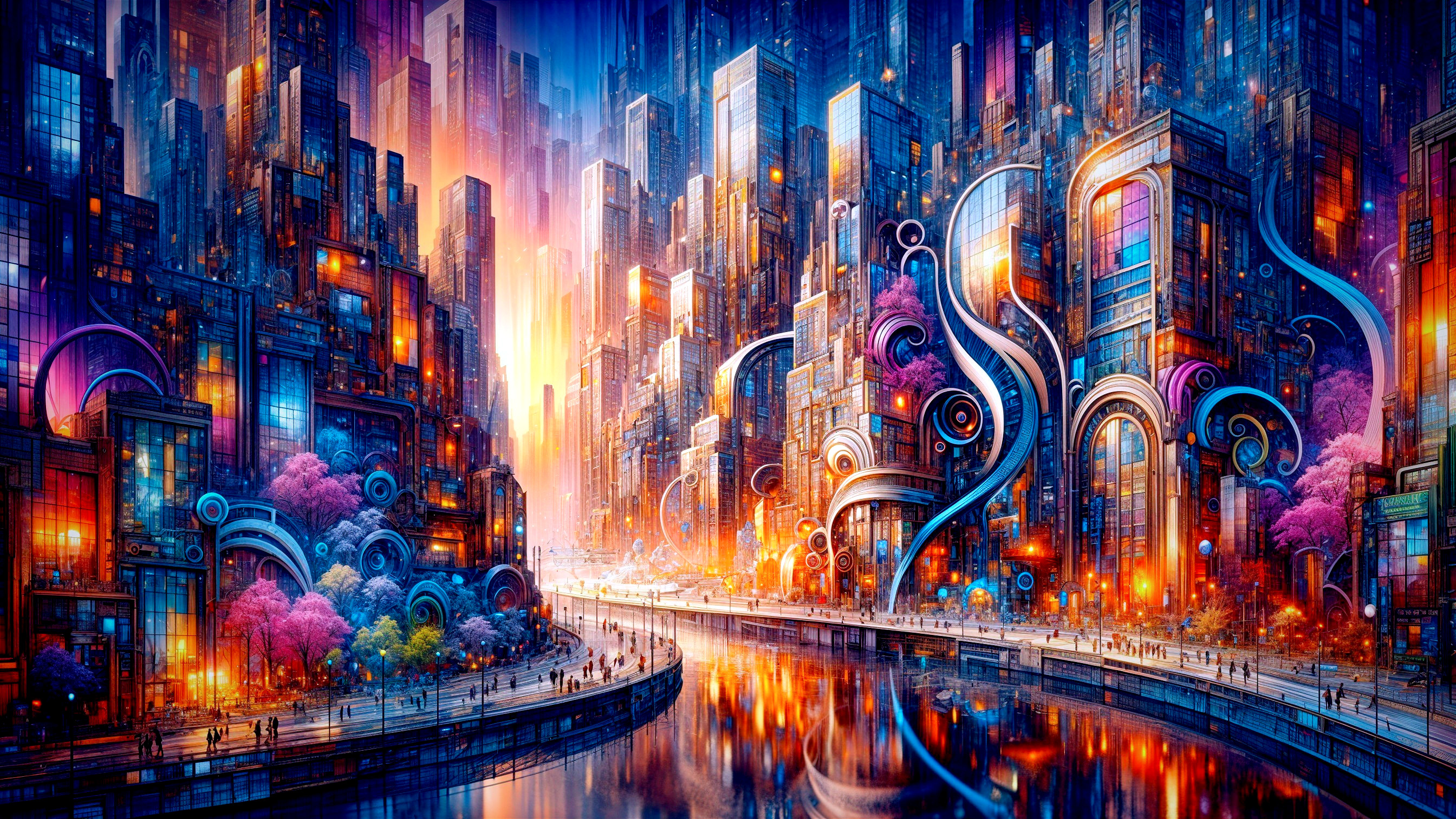Vibrant Futuristic Cityscape with Cherry Blossoms