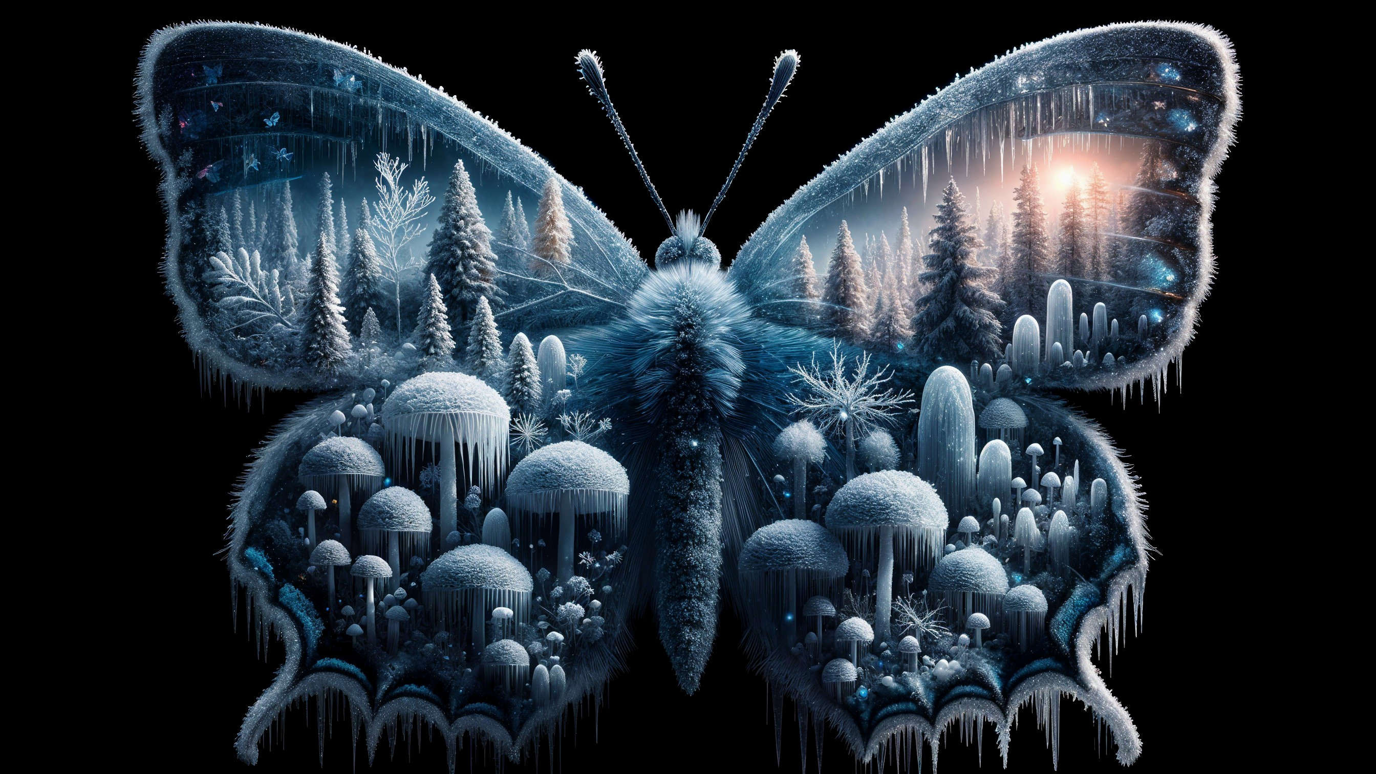 Butterfly Wings Depicting a Frosty Winter Landscape