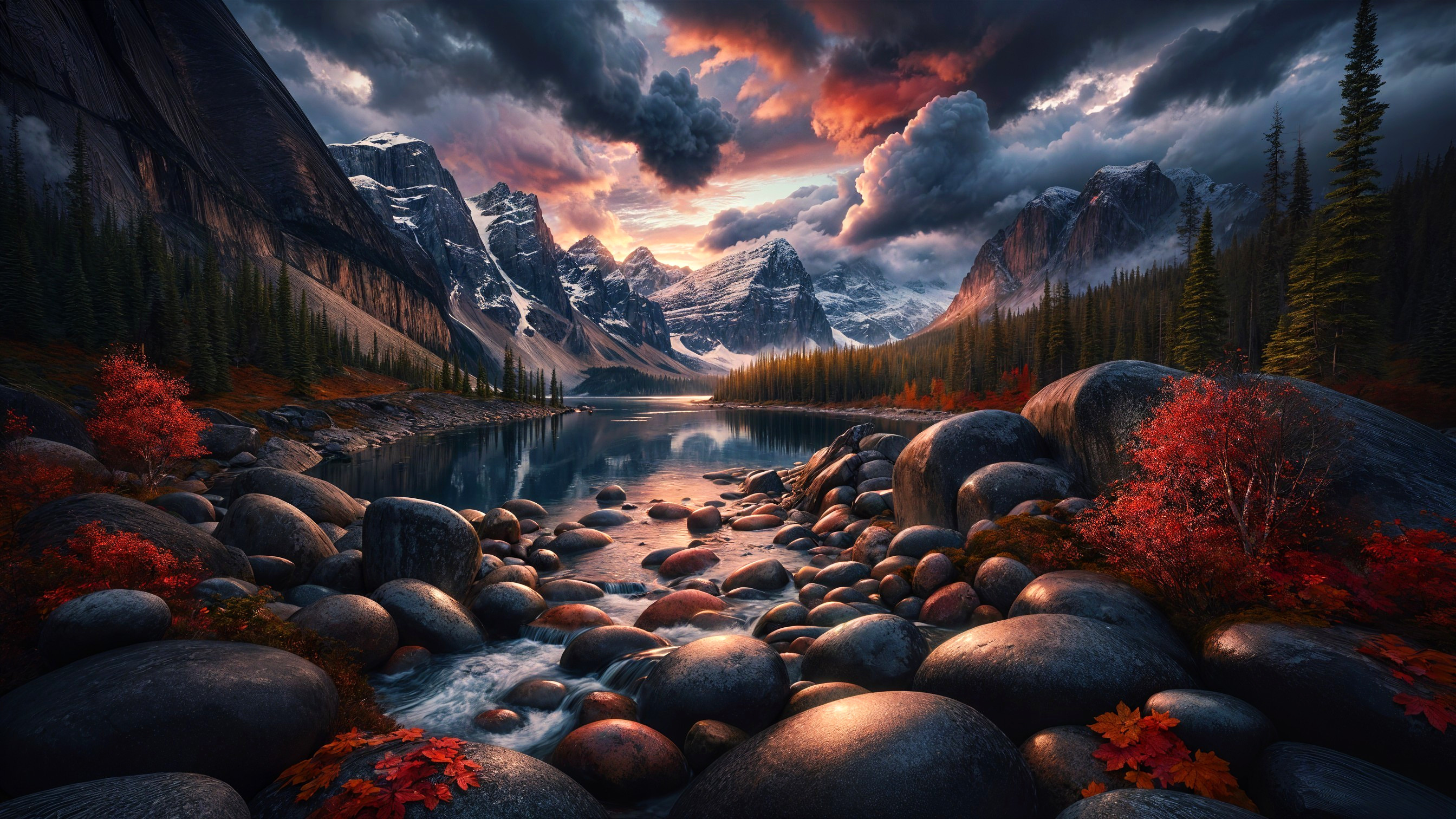 Dramatic Mountain Landscape with Reflective Lake