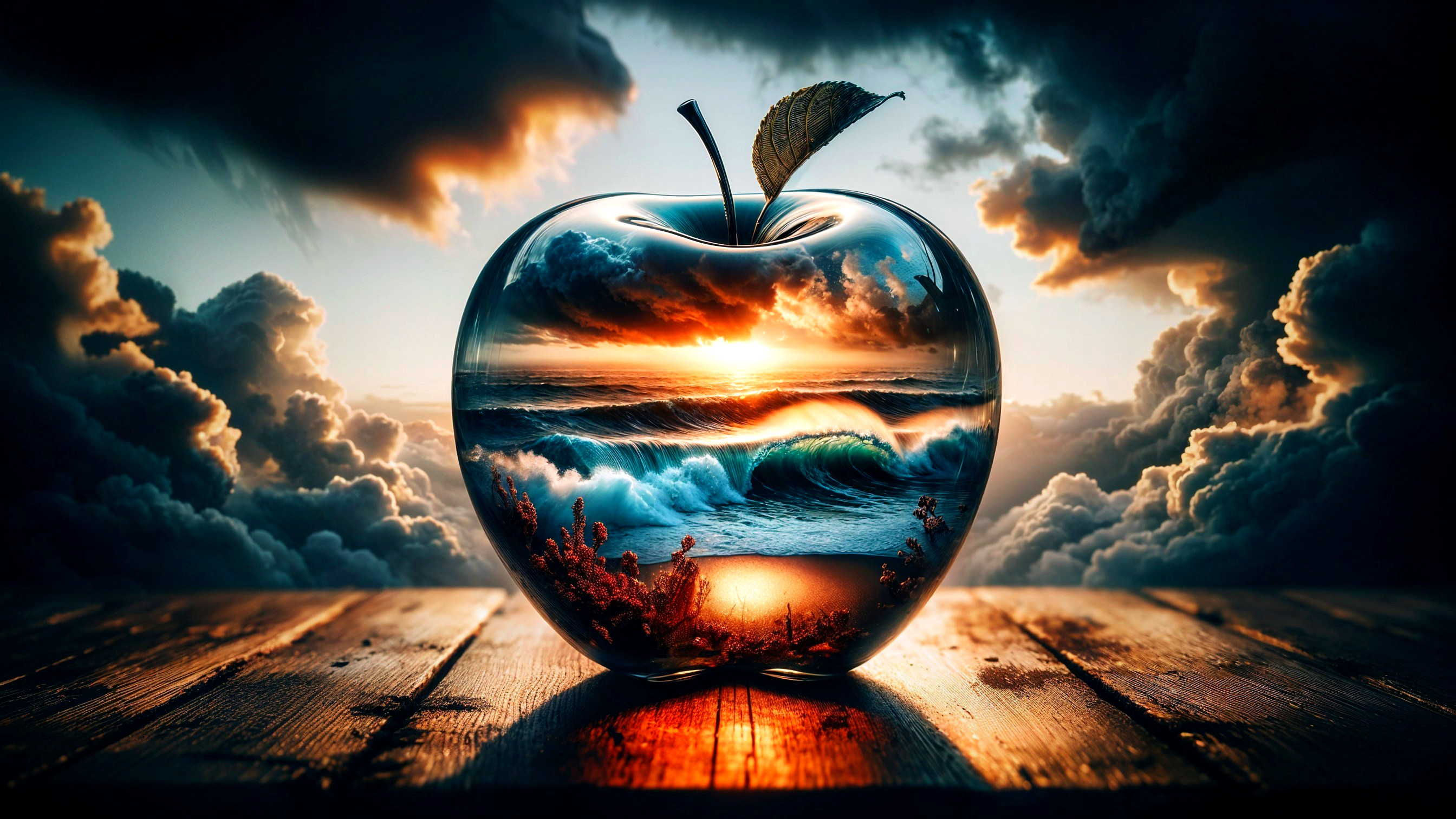 Translucent Apple Reflecting Sunset and Ocean Waves