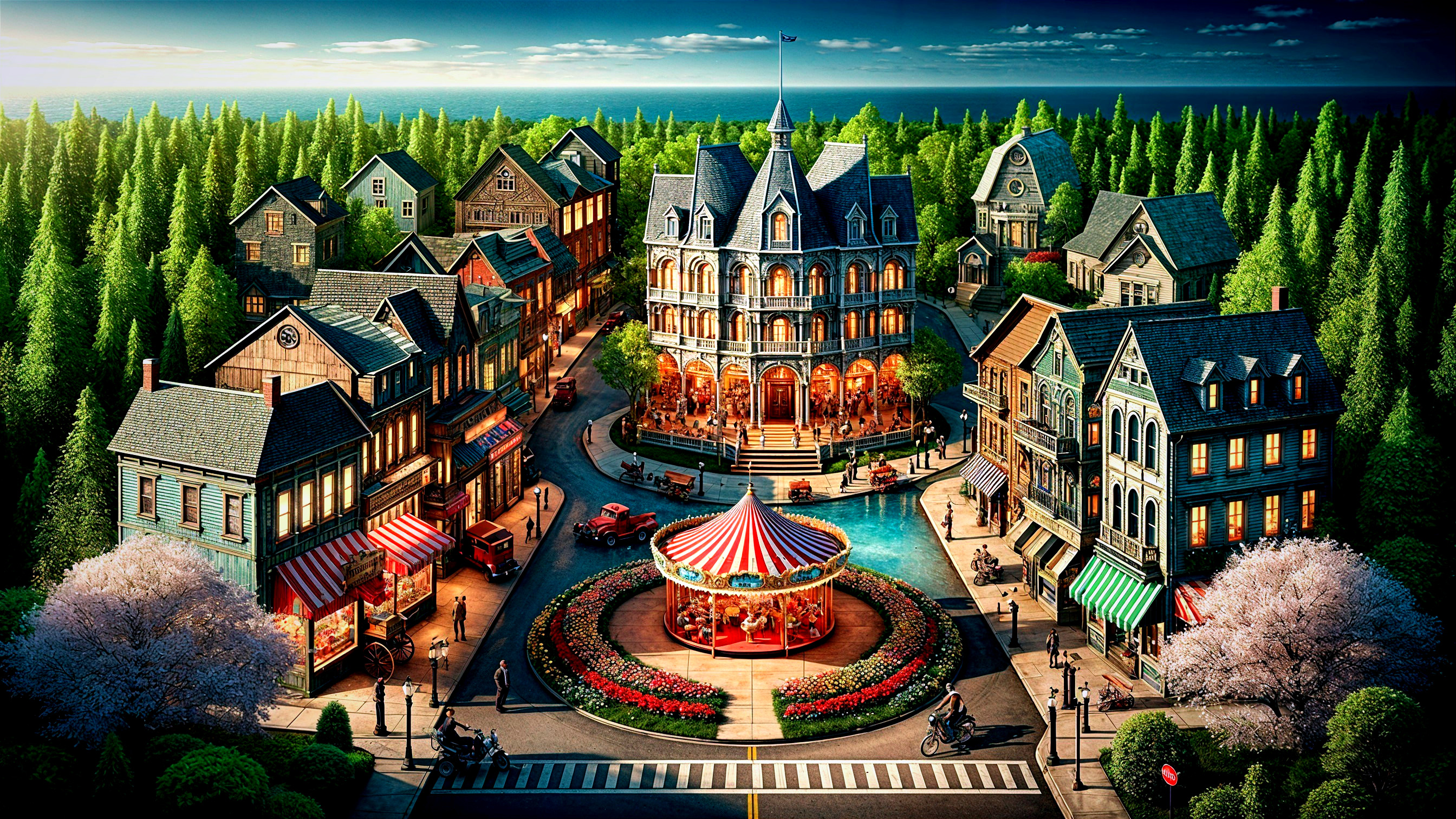 Vibrant Town Square with Victorian Buildings and Carousel
