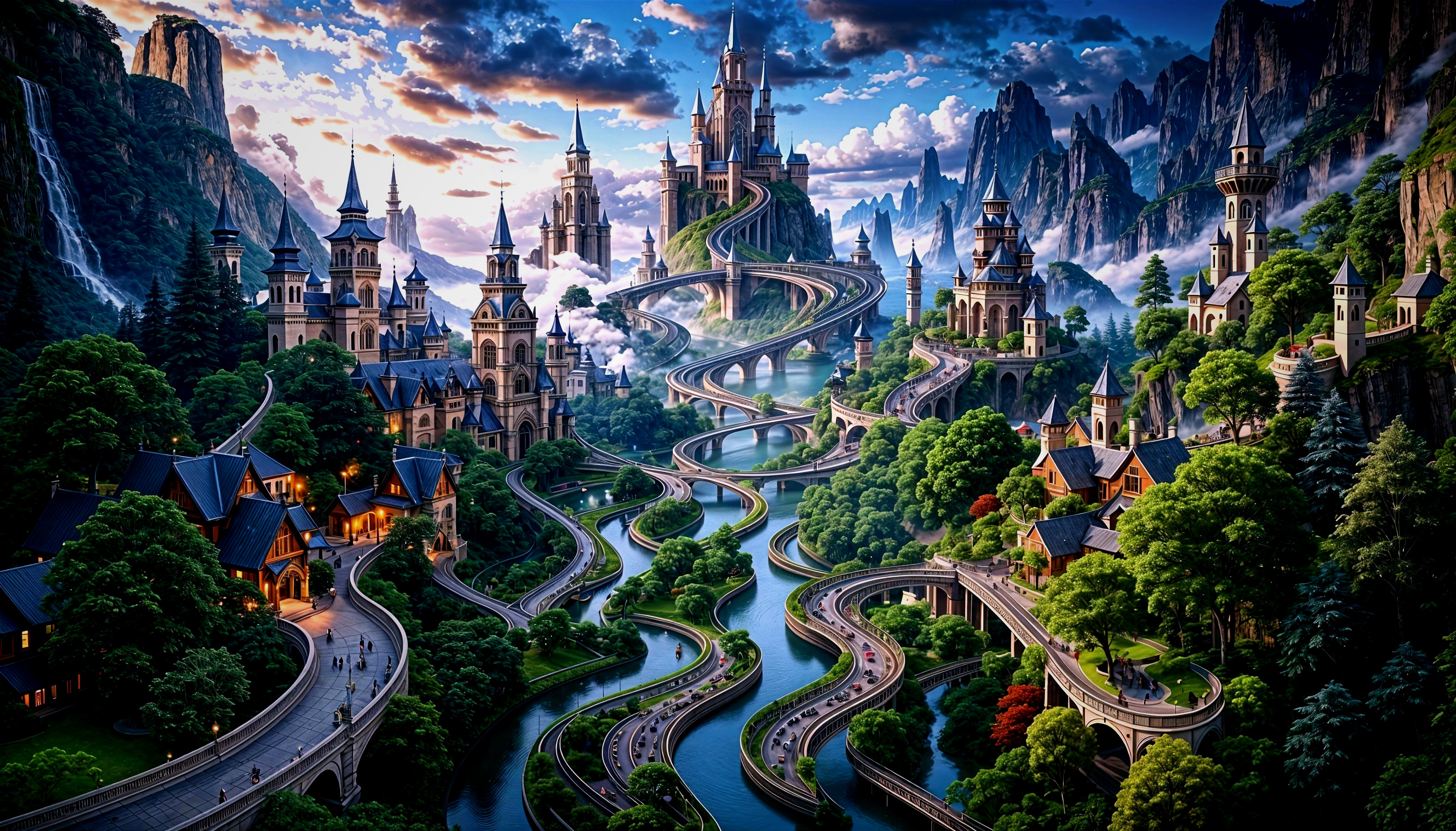 Fantasy Landscape with Castle, Mountains, and Village