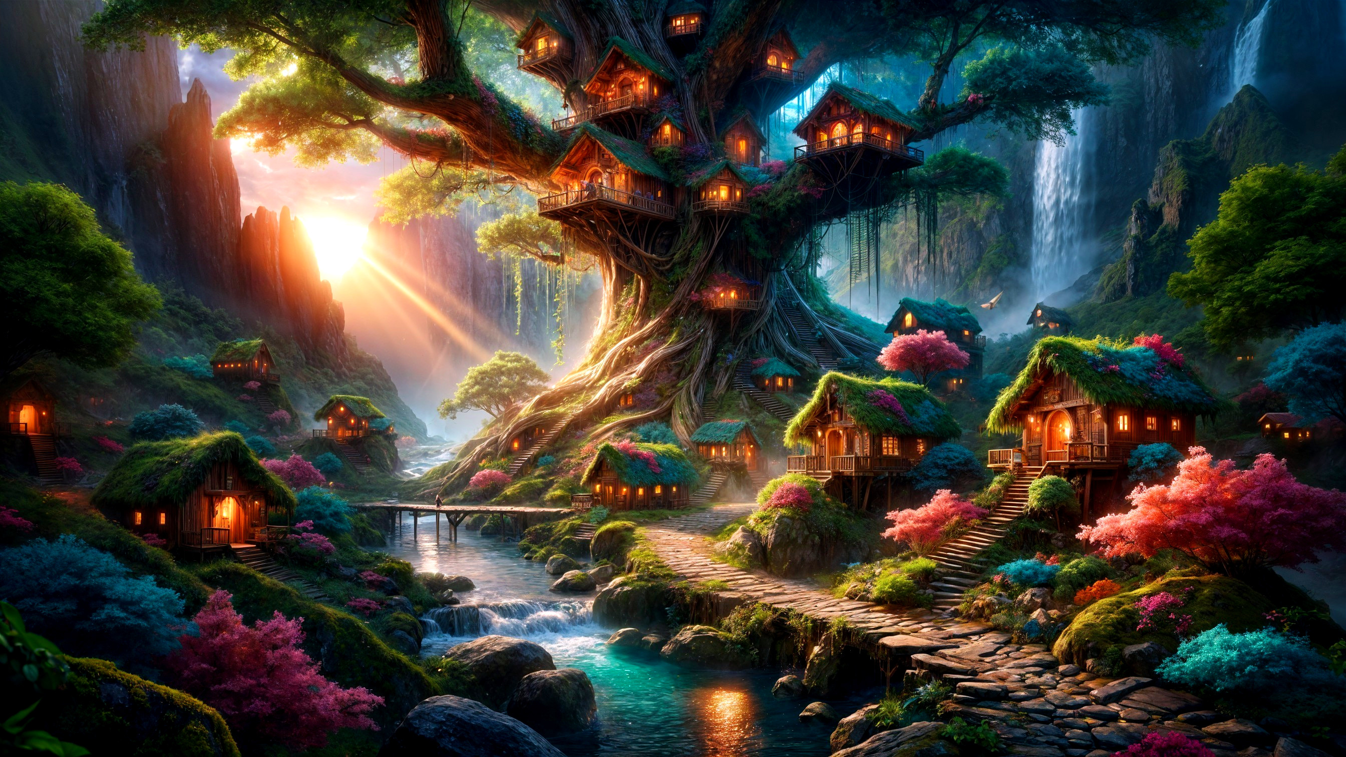 Majestic Tree with Treehouses in Vibrant Landscape