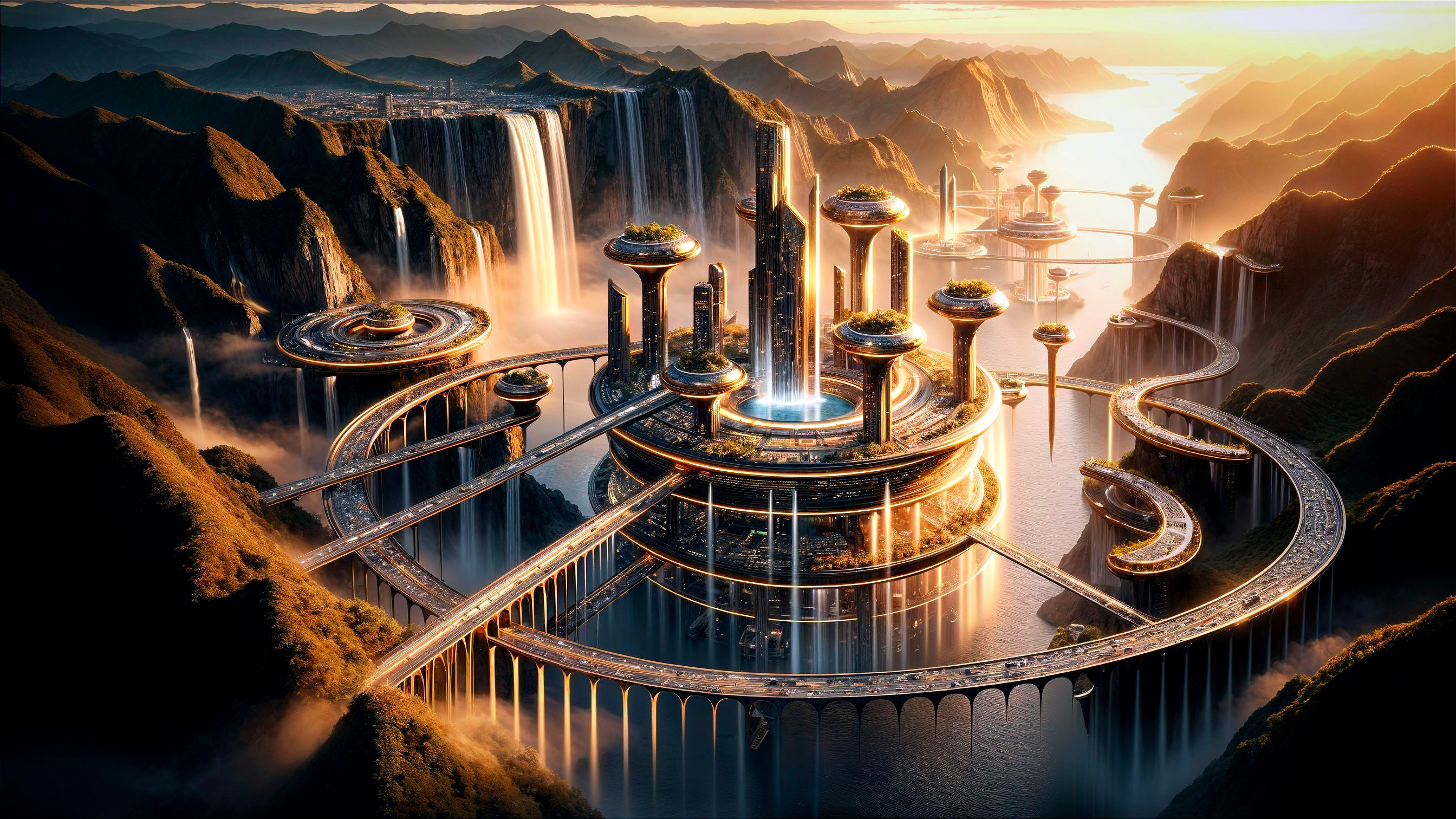 Futuristic cityscape with elevated platforms and towers