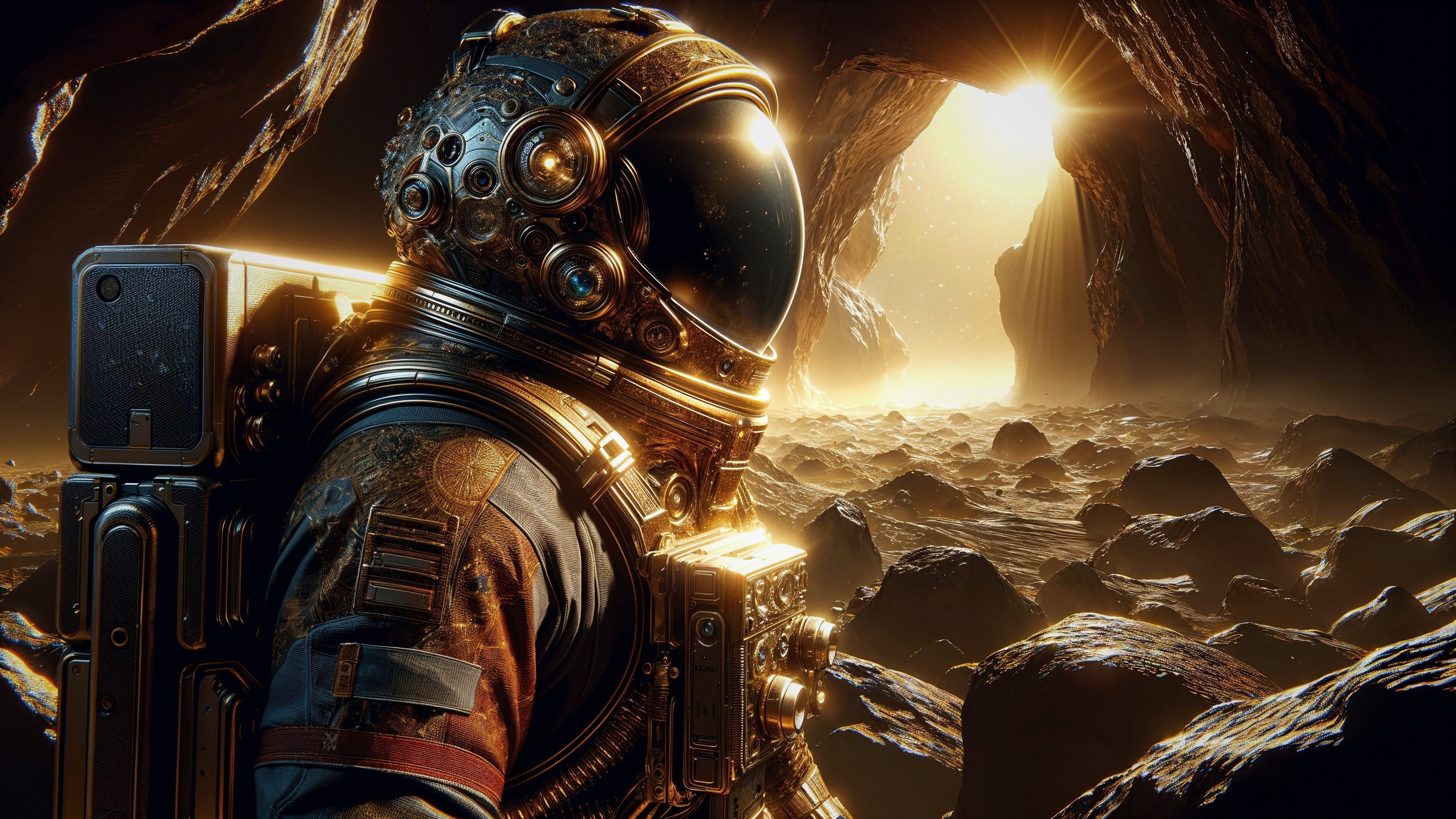 Astronaut in Vintage Spacesuit Inside Rocky Cave