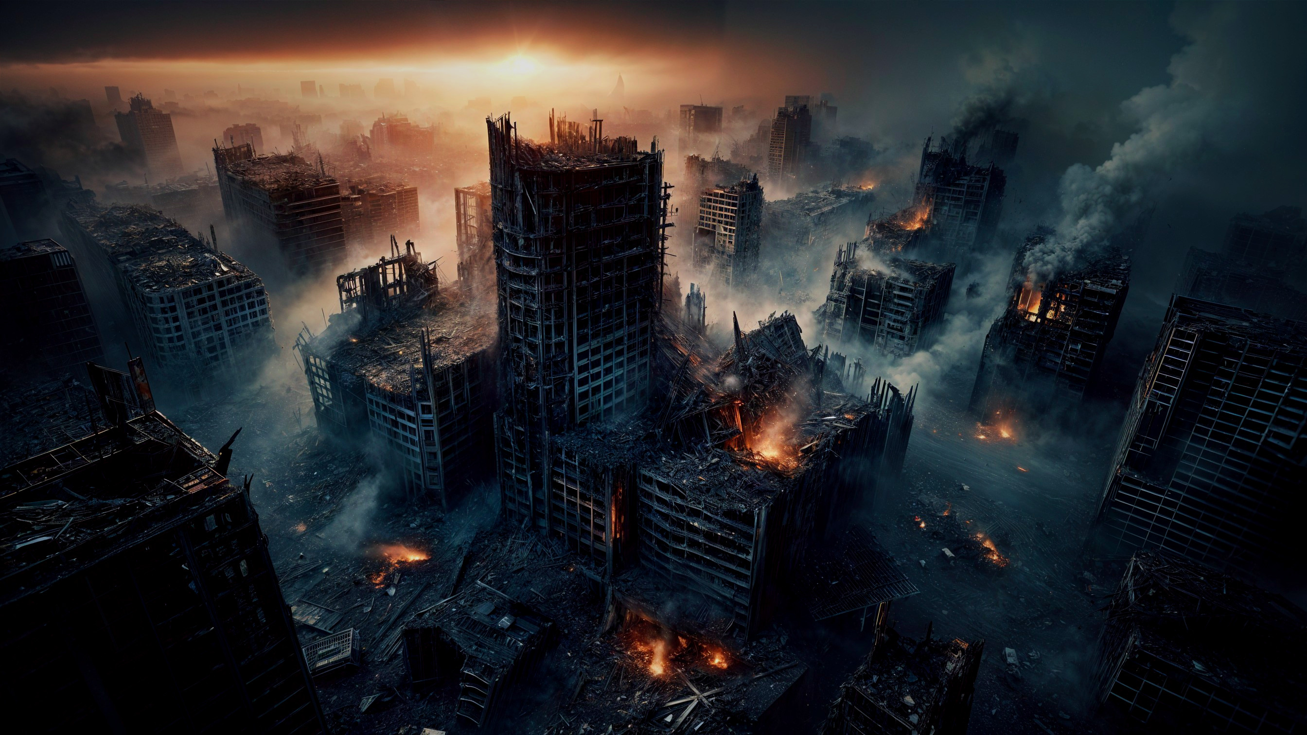 Dystopian Landscape of Charred Skyscrapers and Ruins
