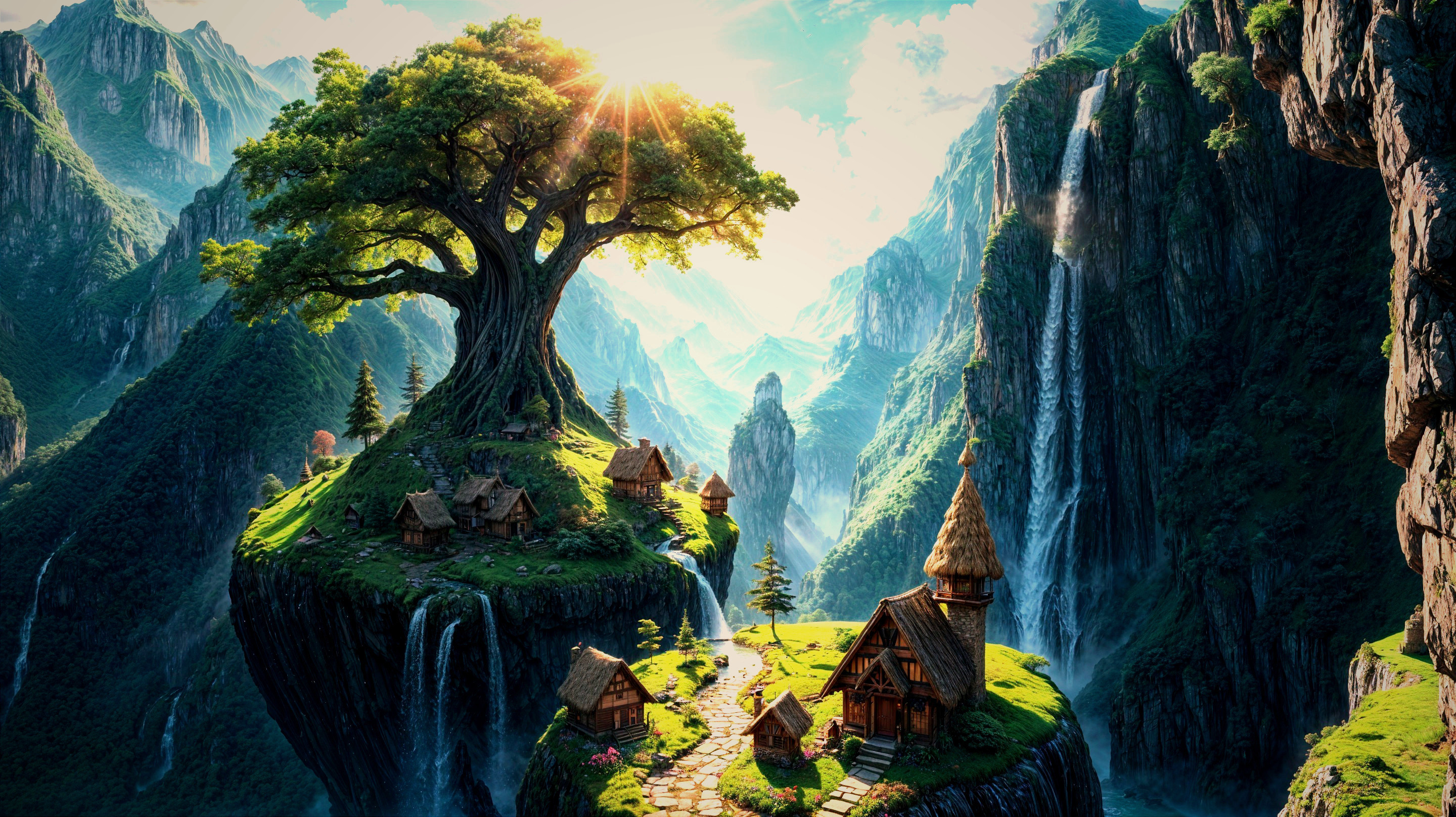 Fantasy Landscape with Ancient Tree and Cottages