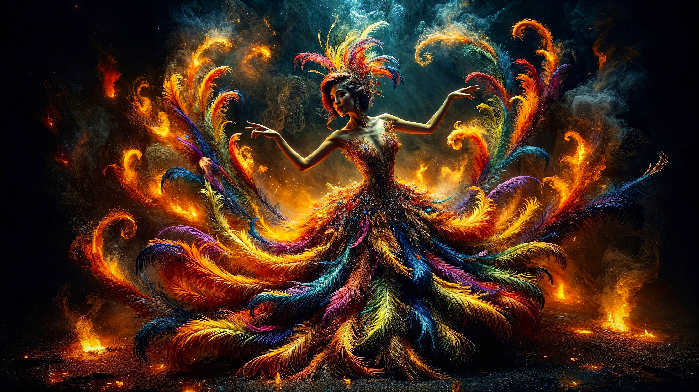 Vibrant Feathered Gown in Dark Magical Atmosphere