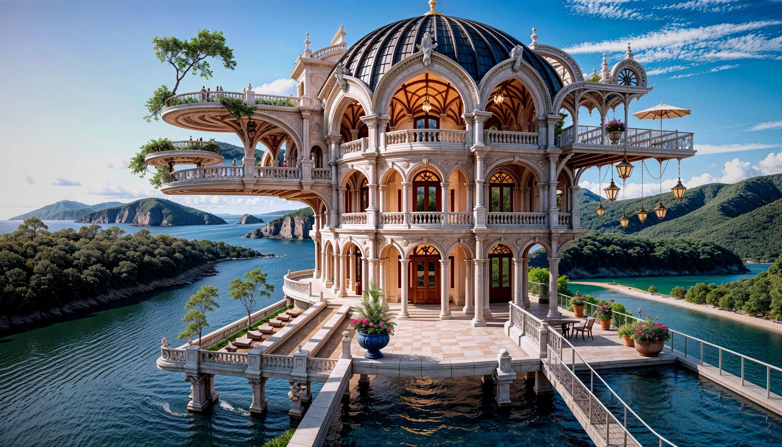 Intricately Designed Mansion by Water with Gardens