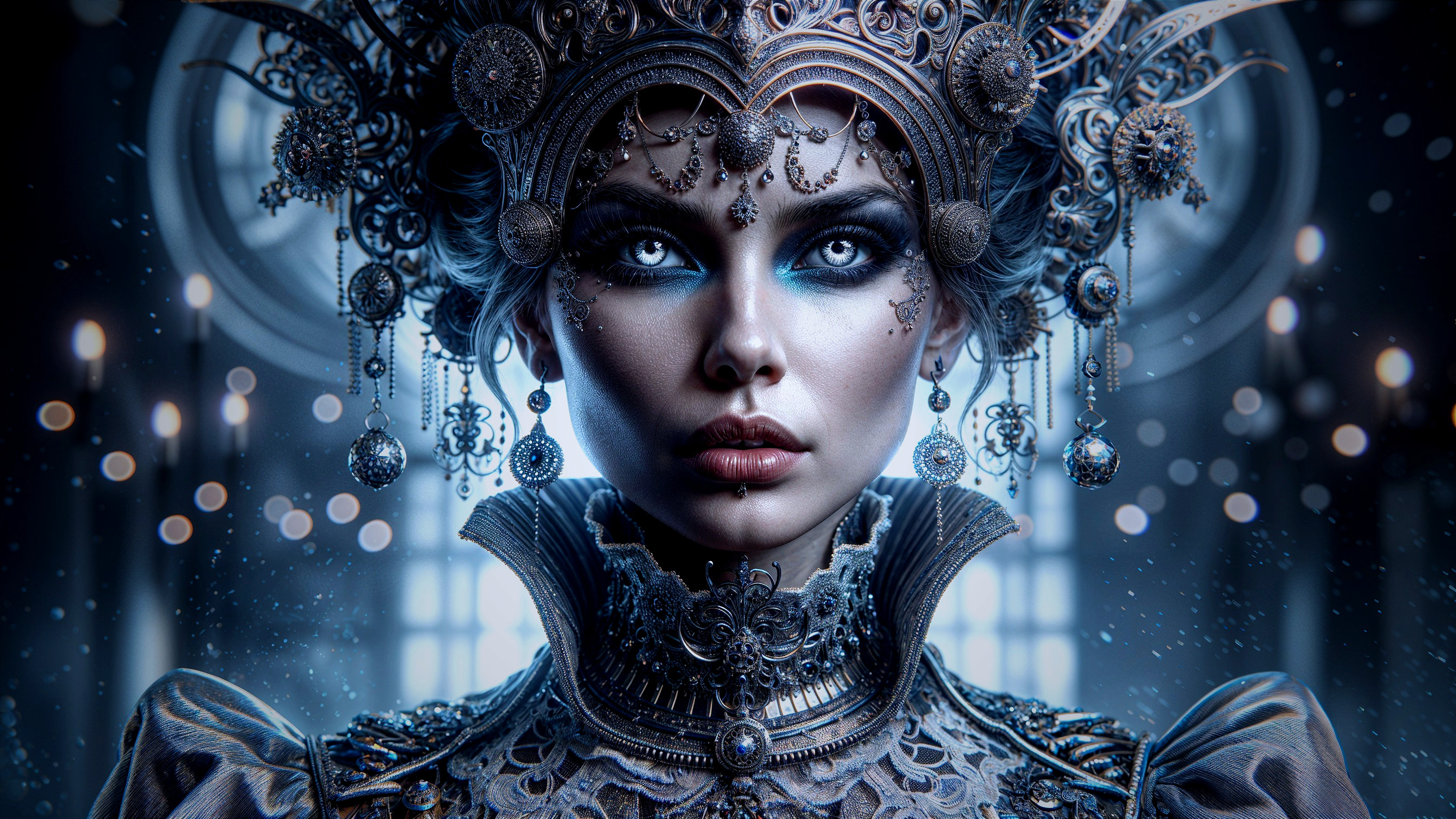 Stunning Woman with Metallic Accessories and Dramatic Makeup