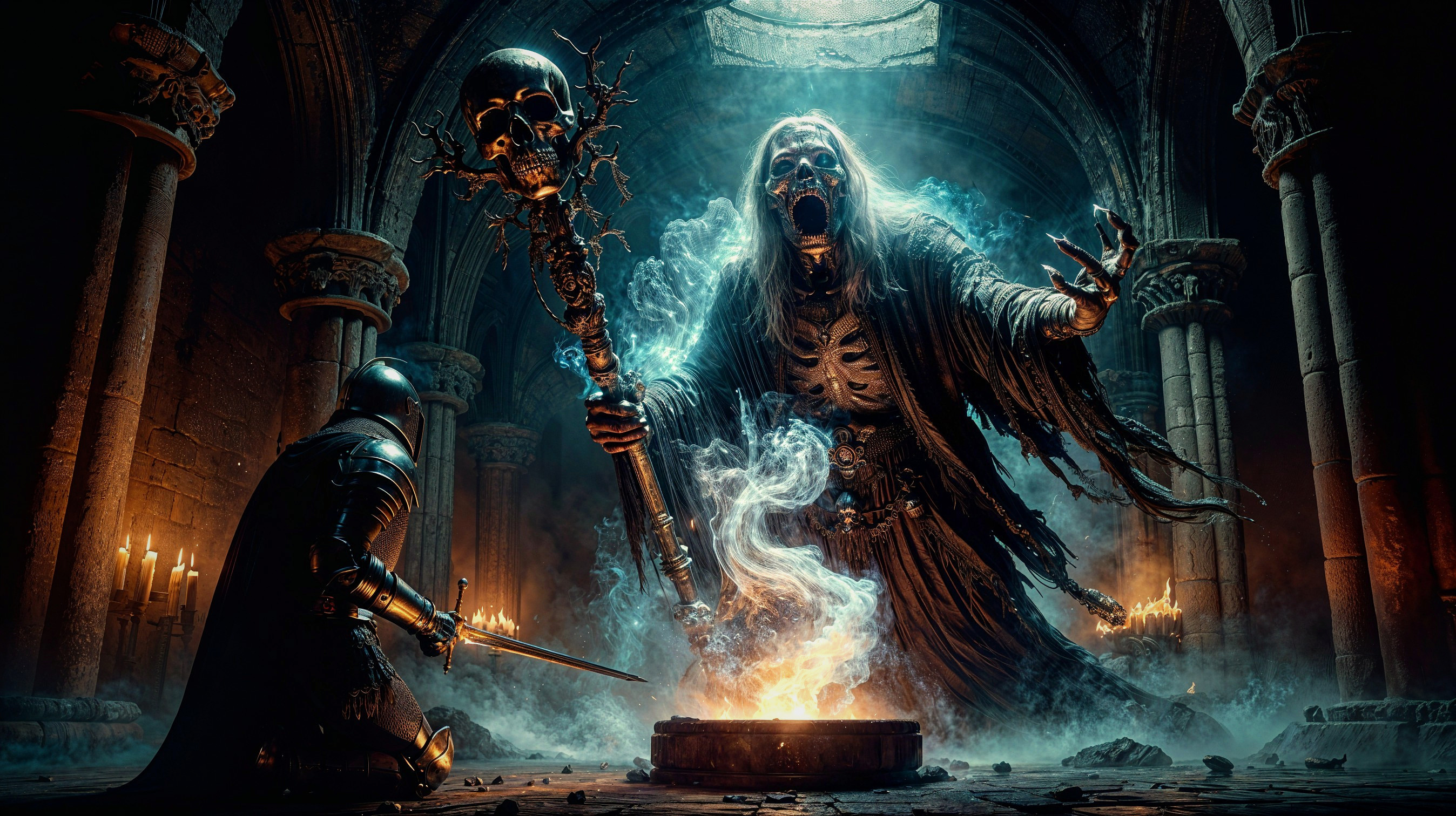 Skeletal Sorcerer and Knight in Dark Chamber Scene