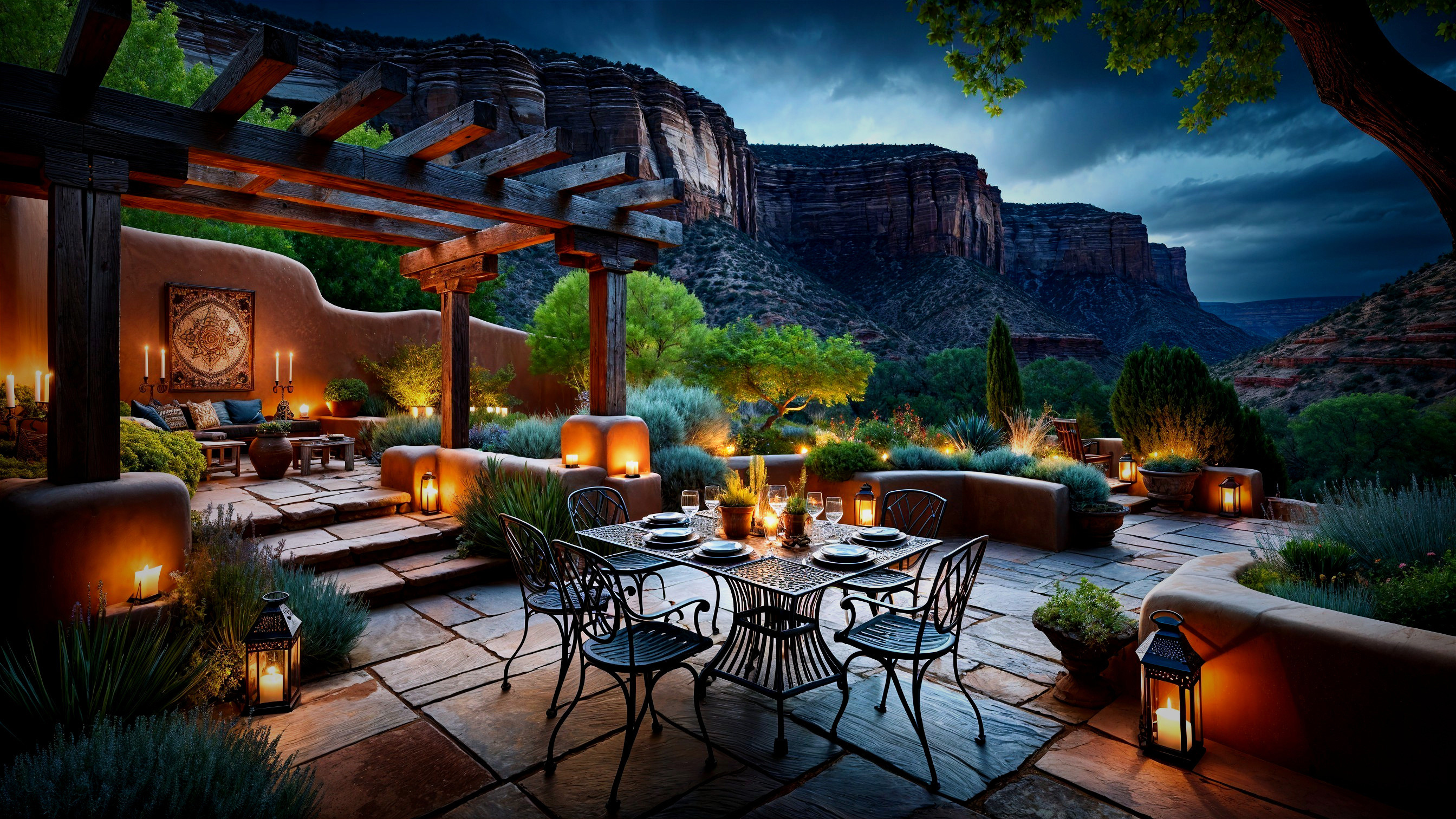 Serene Outdoor Dining Area with Rustic Pergola and Lights