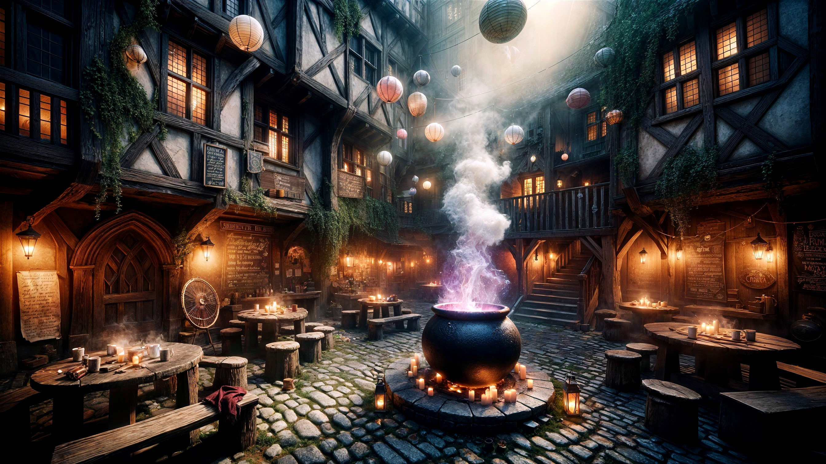 Magical Courtyard with Bubbling Cauldron and Lanterns