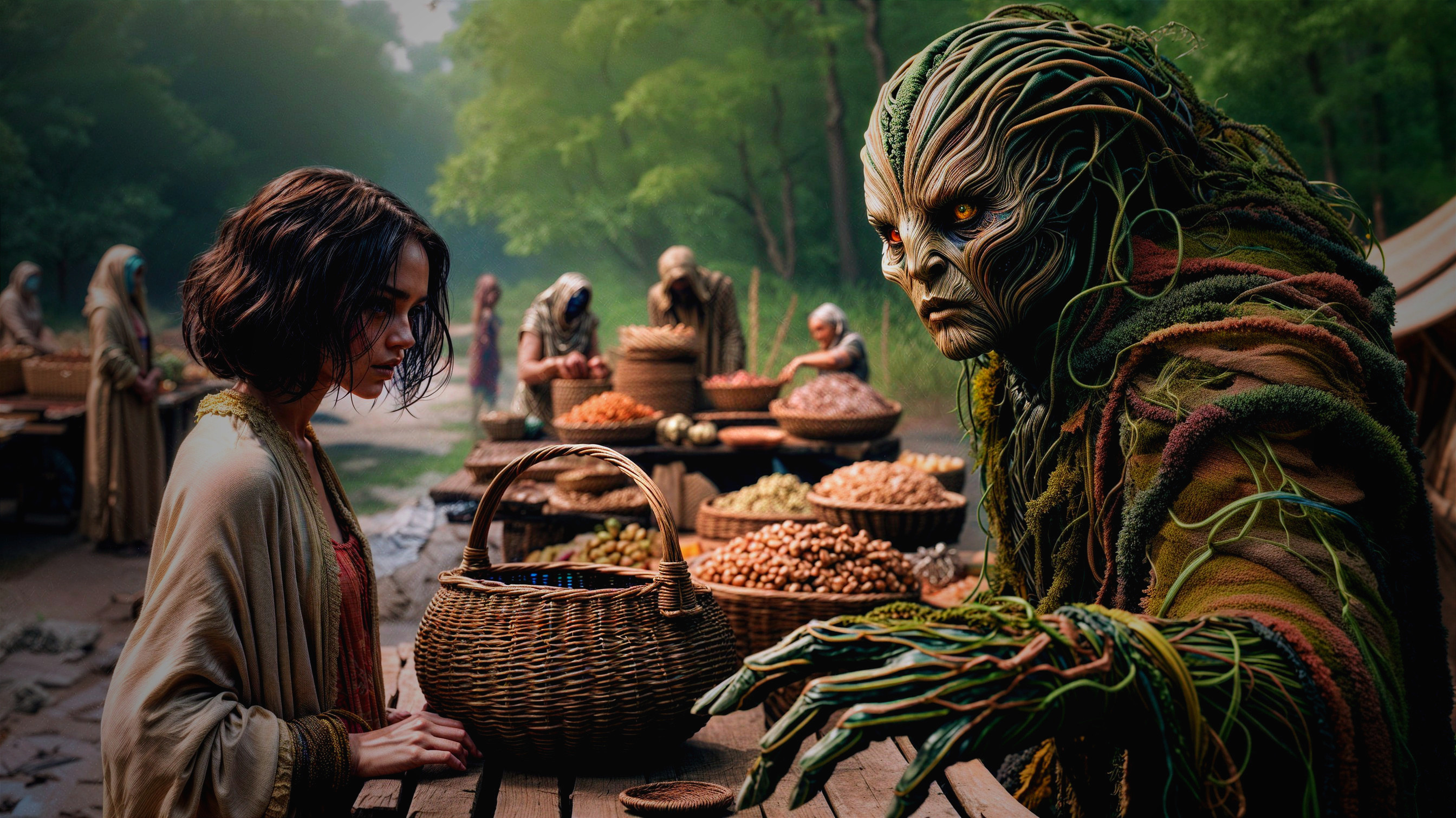 Mystical marketplace scene with a plant-like creature