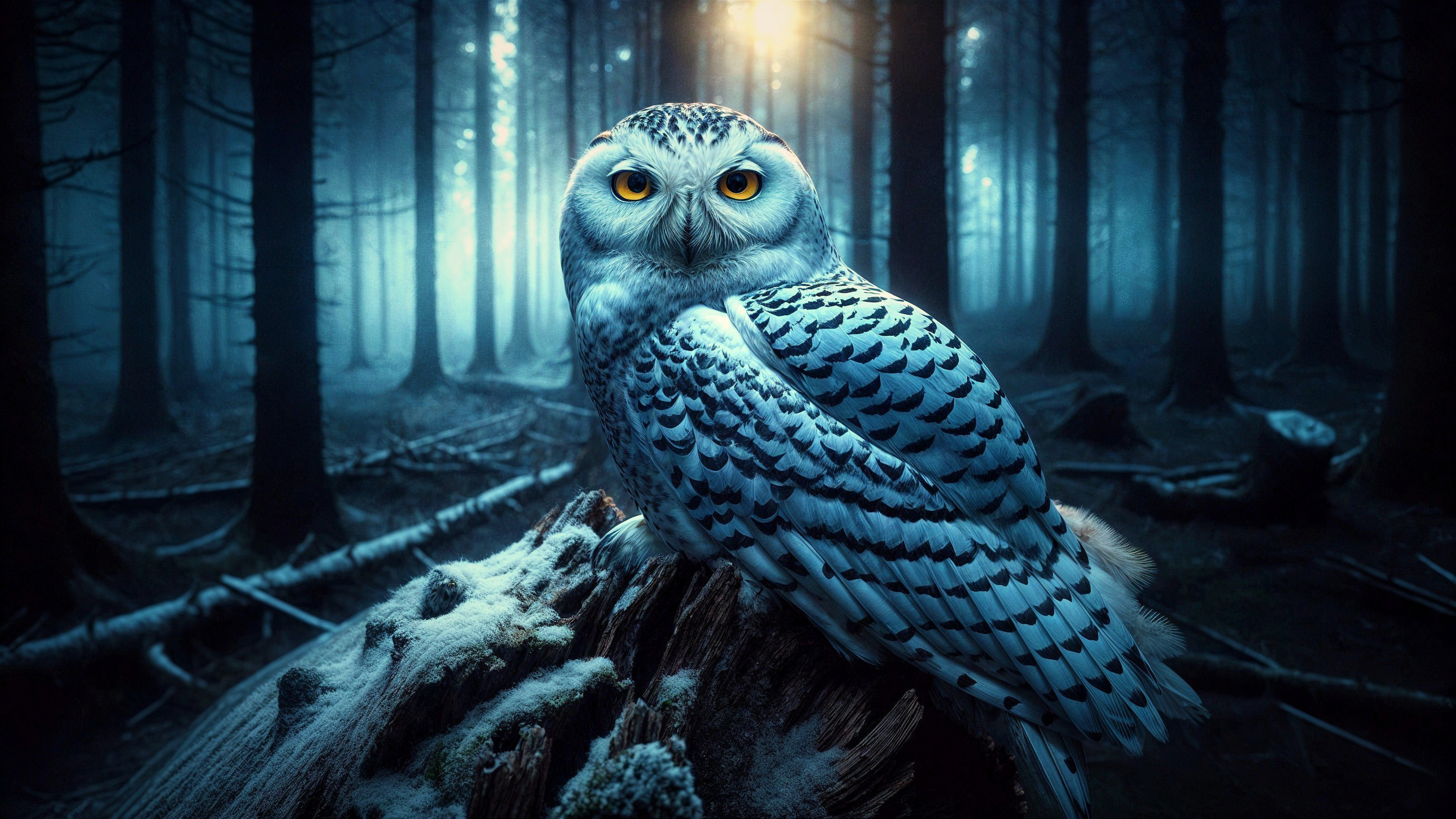 Snowy Owl on Stump in Enchanted Twilight Forest