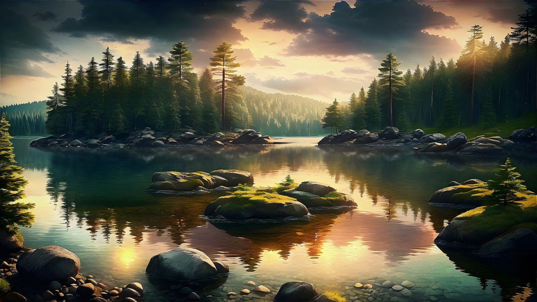 Tranquil Lake with Sunset and Evergreen Surroundings