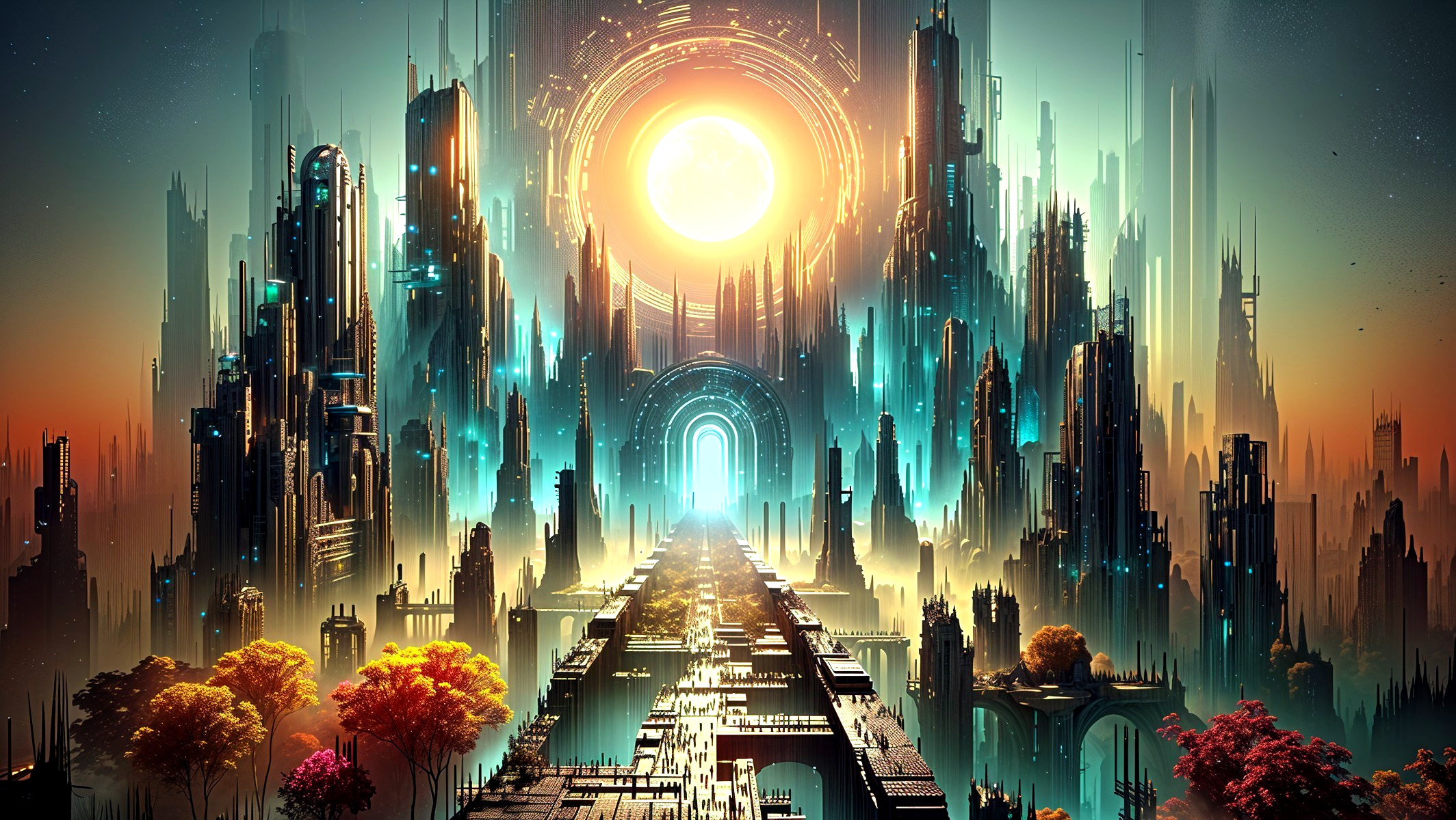 Futuristic cityscape with glowing structures and nature