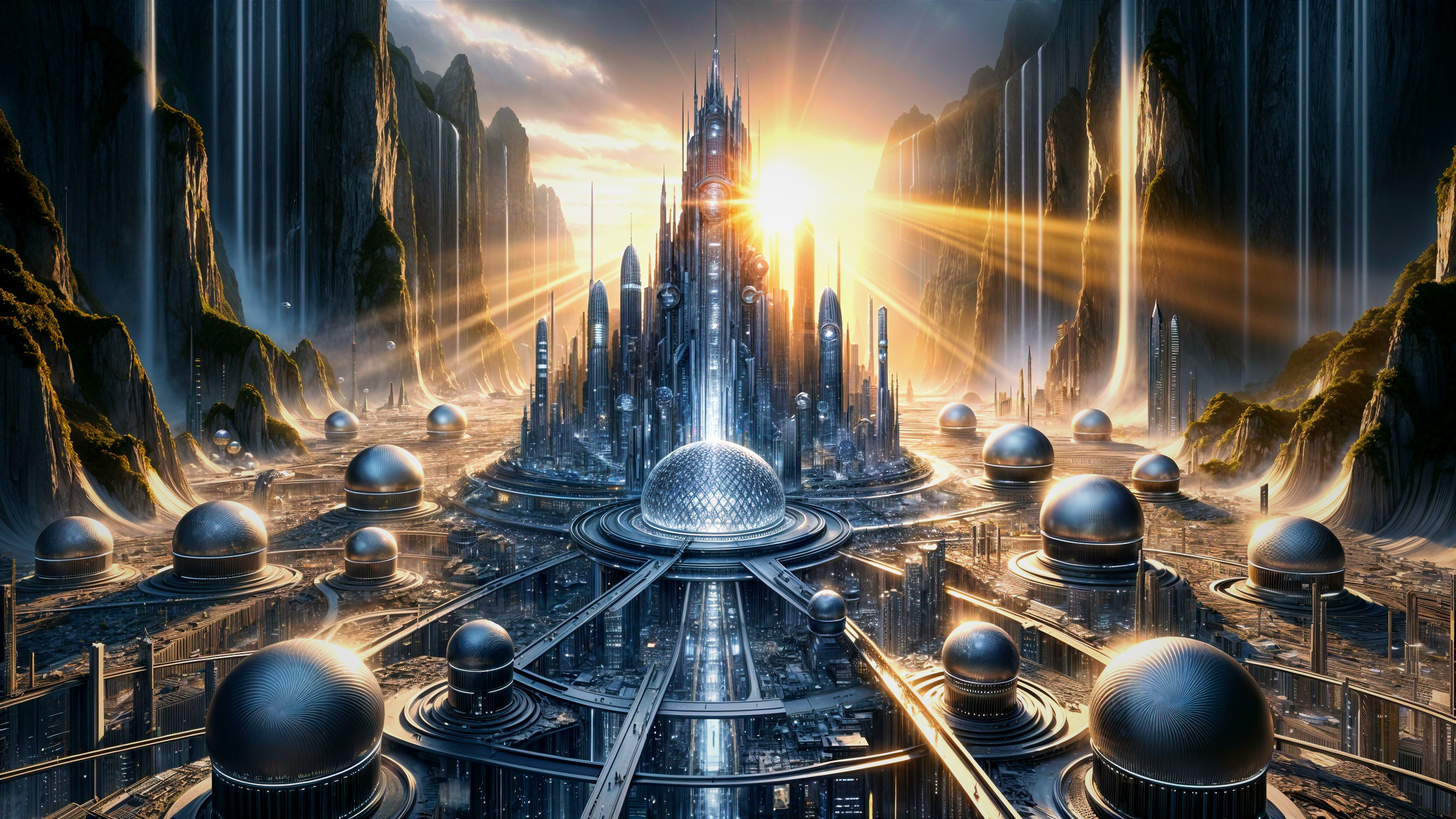 Futuristic Cityscape with Sunrise and Waterfalls