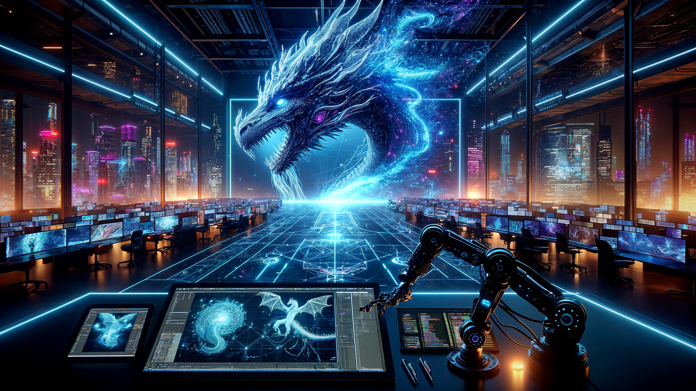 Futuristic Command Center with Holographic Dragons
