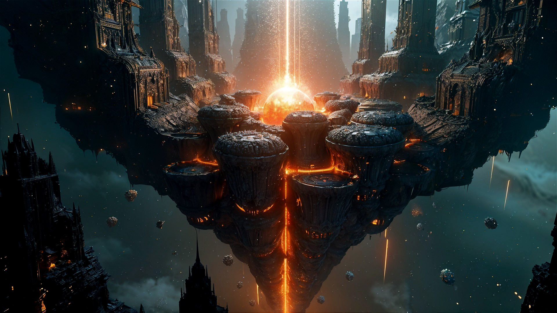 Futuristic landscape with floating platforms and bright orb