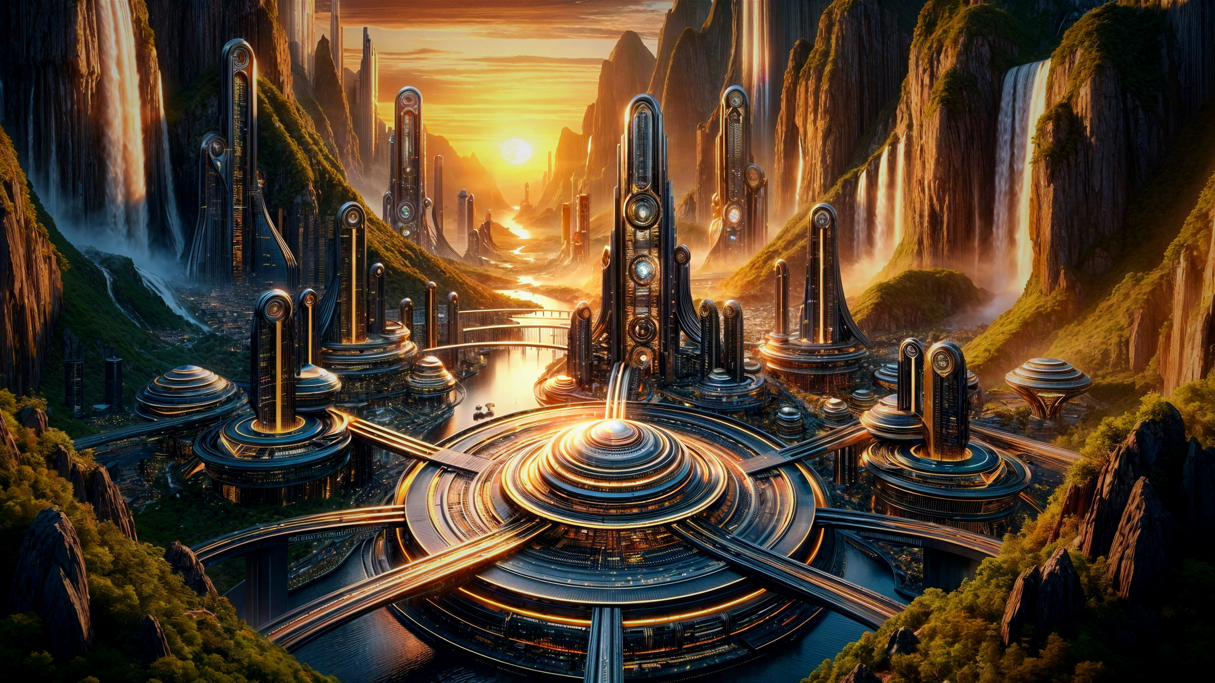 Futuristic cityscape at sunset with mountains and waterfalls
