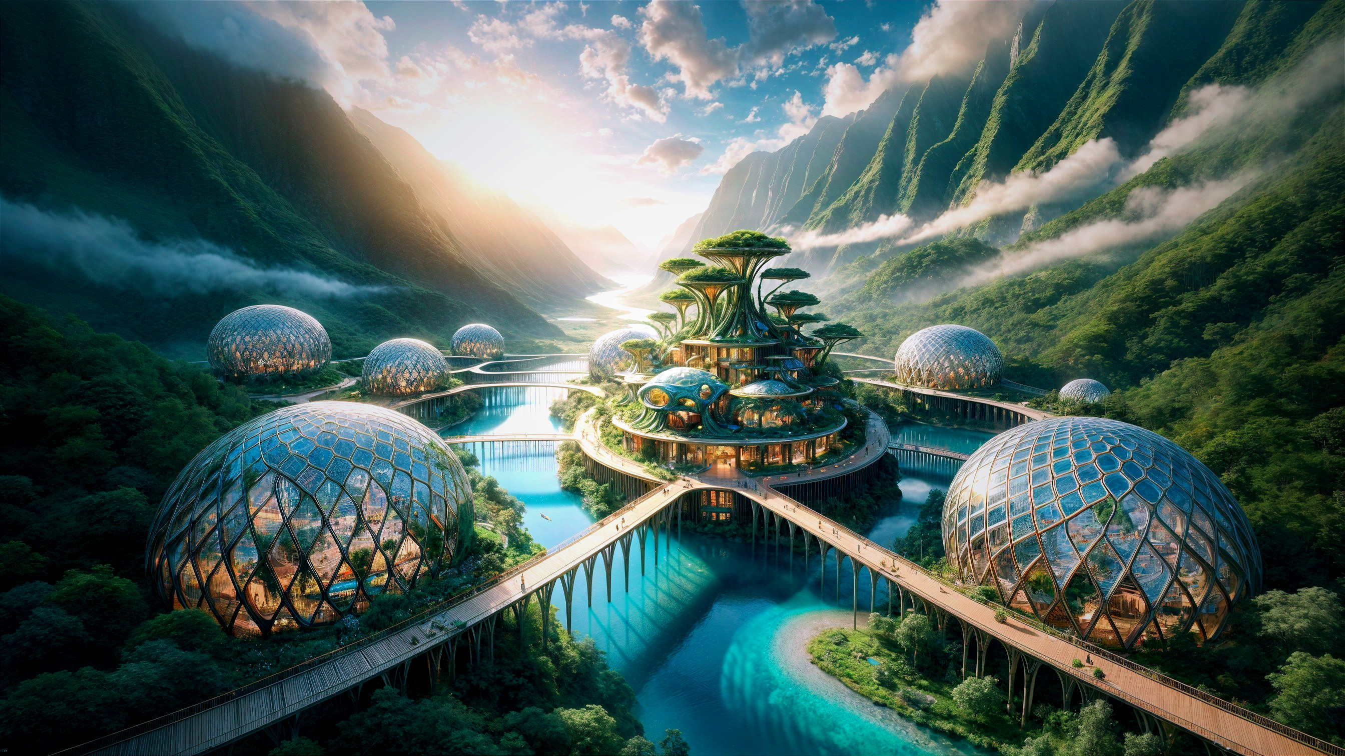 Futuristic Eco-Friendly Cityscape in a Lush Valley