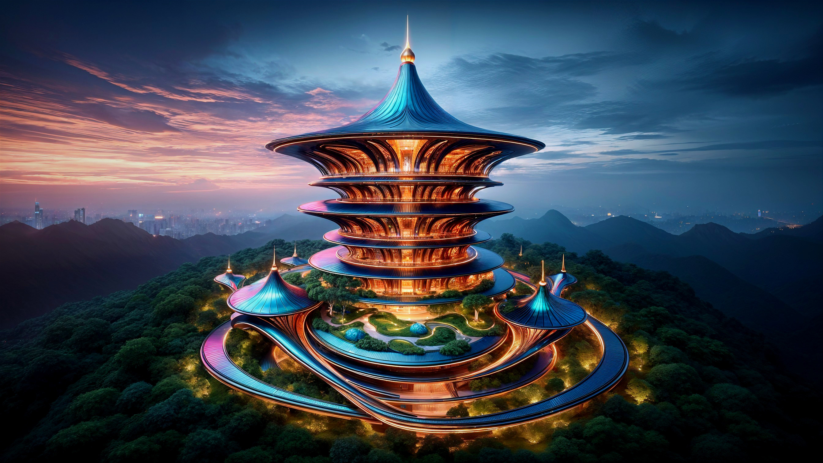 Futuristic Mountain Architecture with Spiraling Tiers