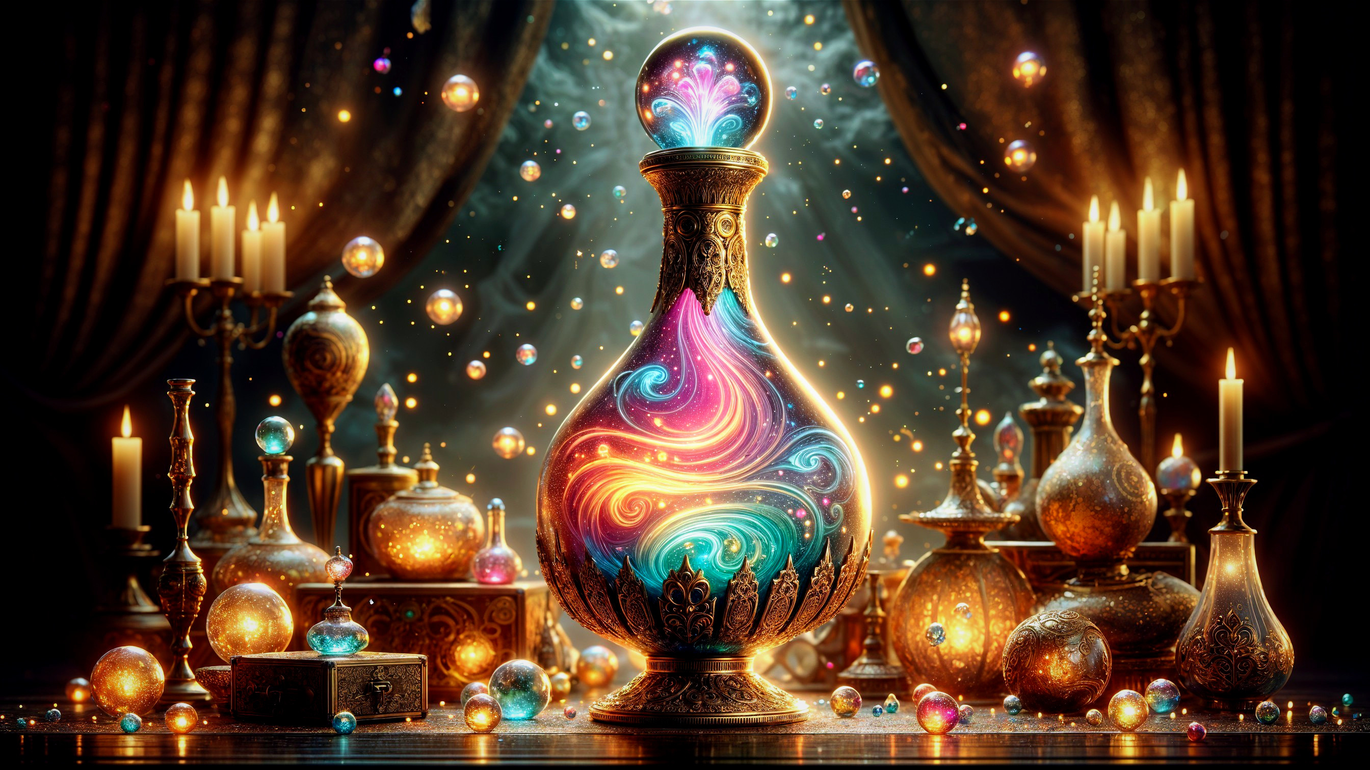 Colorful Potion Bottle Surrounded by Enchanting Decor