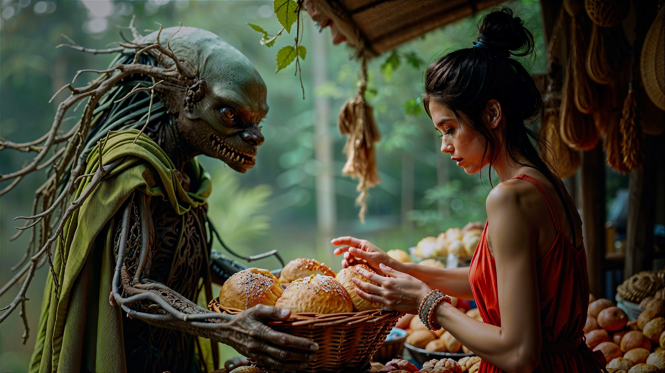 Vibrant Market Scene with Fantastical Creature and Woman