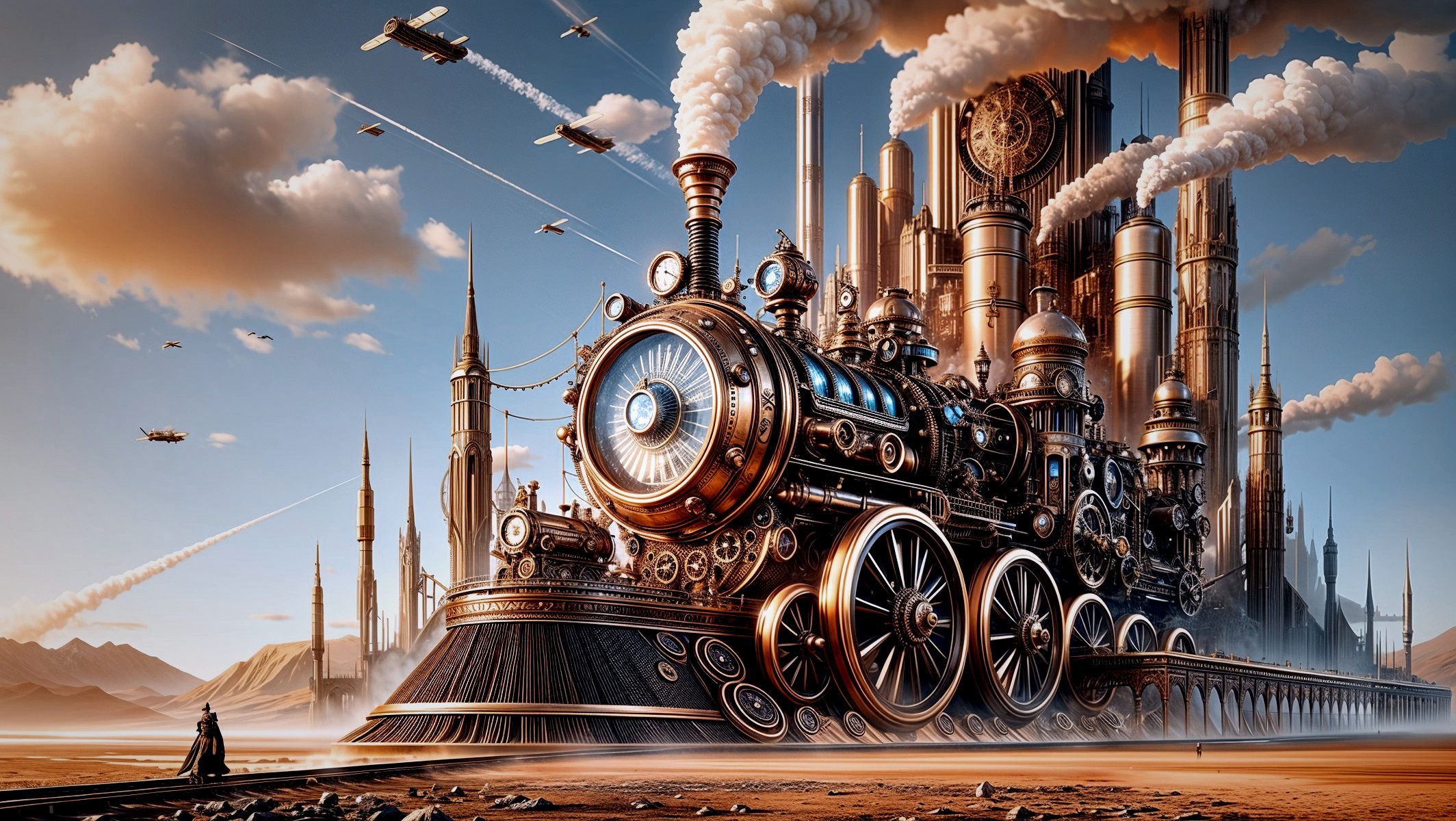 Steampunk Locomotive with Brass Details and Smokestacks