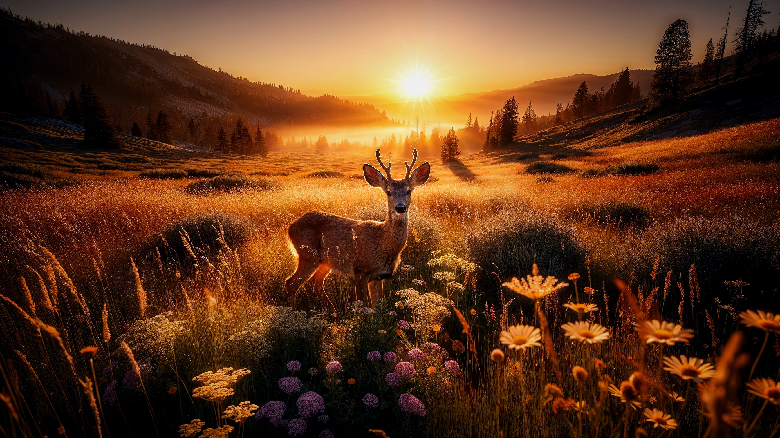 Serene Sunrise Landscape with Deer and Wildflowers